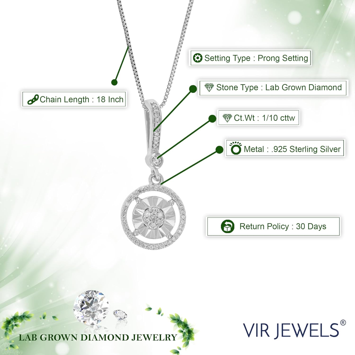 VIR JEWELS 1/10 cttw Lab Grown Diamond Pendant Necklace in Sterling Silver with Chain - Image 2