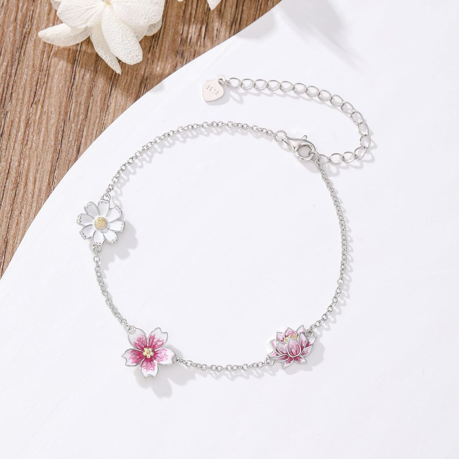 Three Flower Bracelet for Women,925 Sterling Silver Daisy/Cherry Blossom/Lotus Bracelets,Birth Flowers Jewelry Anniversary Birthday Gifts for Girlfriend Wife 7''+2'' - Image 4