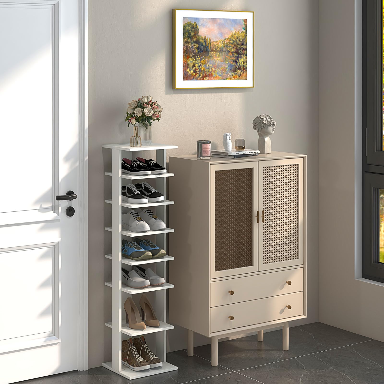 HOMASIS Zapatero de Madera, Zapatero Individual de 7 Niveles, en Panel de Madera MDF con Dispositivo antivuelco, Estante de Almacenamiento Independiente para Zapatos, 28,5x25,5x110cm (Blanco)