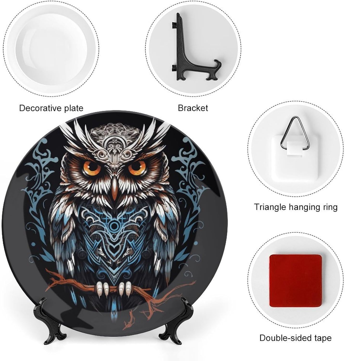 Owl Decorative Plates for Display Round Porcelain Plate Living Room Table Ceramic Hanging Decorative Plate Art Decor for Living Room Table with 1 Display Stand 10inch