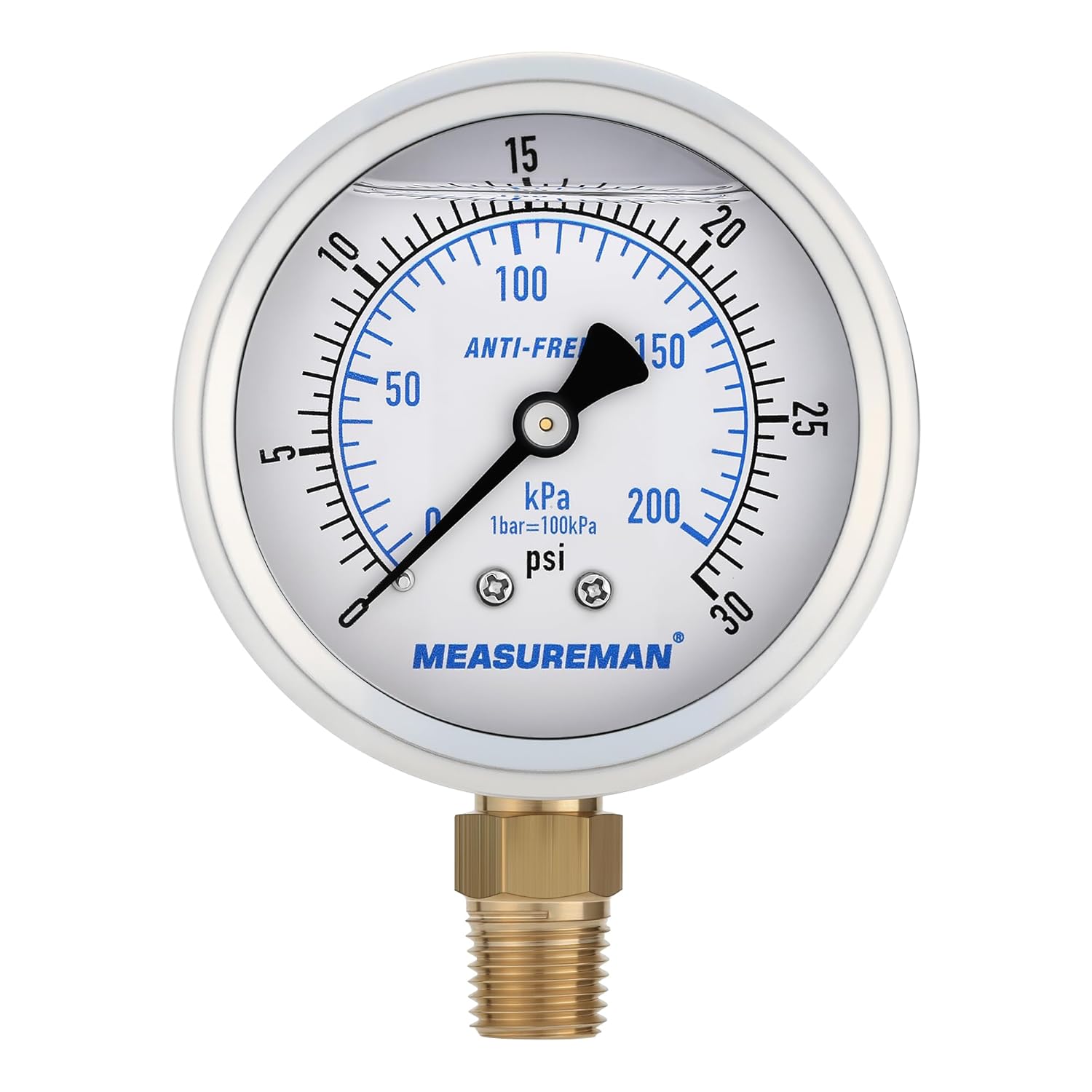 MEASUREMAN 2-1/2 Inch Low Pressure Gauge, 0-30 PSI, Silicone Oil Filled, All-Weather Antifreeze, Stainless Steel Case, 1/4 NPT Lower Mount