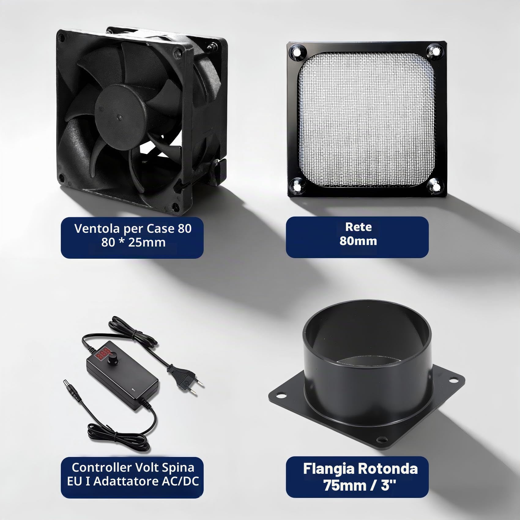 Ventilatore in linea da 80 mm, 4500 giri/min, DC12 V, doppio cuscinetto a sfera, kit estrattore di scarico aria per laser 3D, cabina di verniciatura (controller display LED, flangia di canale da 75 mm
