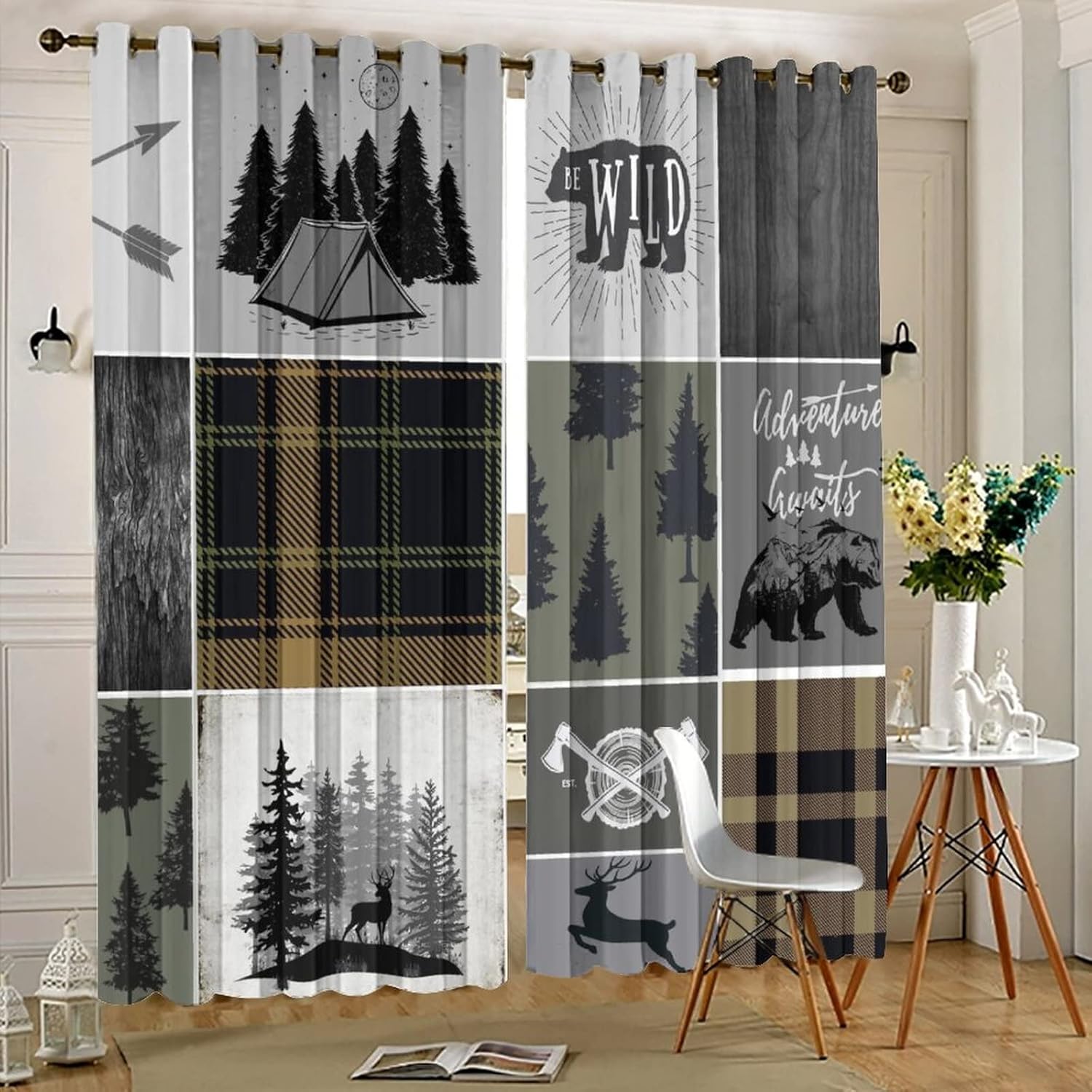 Rustic Cabin Bear Deer Ultra Soft Premier Blackout Curtains,Retro Country Hunting Theme Wildlife Plaid Check Adventure Thermal Insulated Noise Reducing Grommet Top,2 Panels 72L x 31.5W
