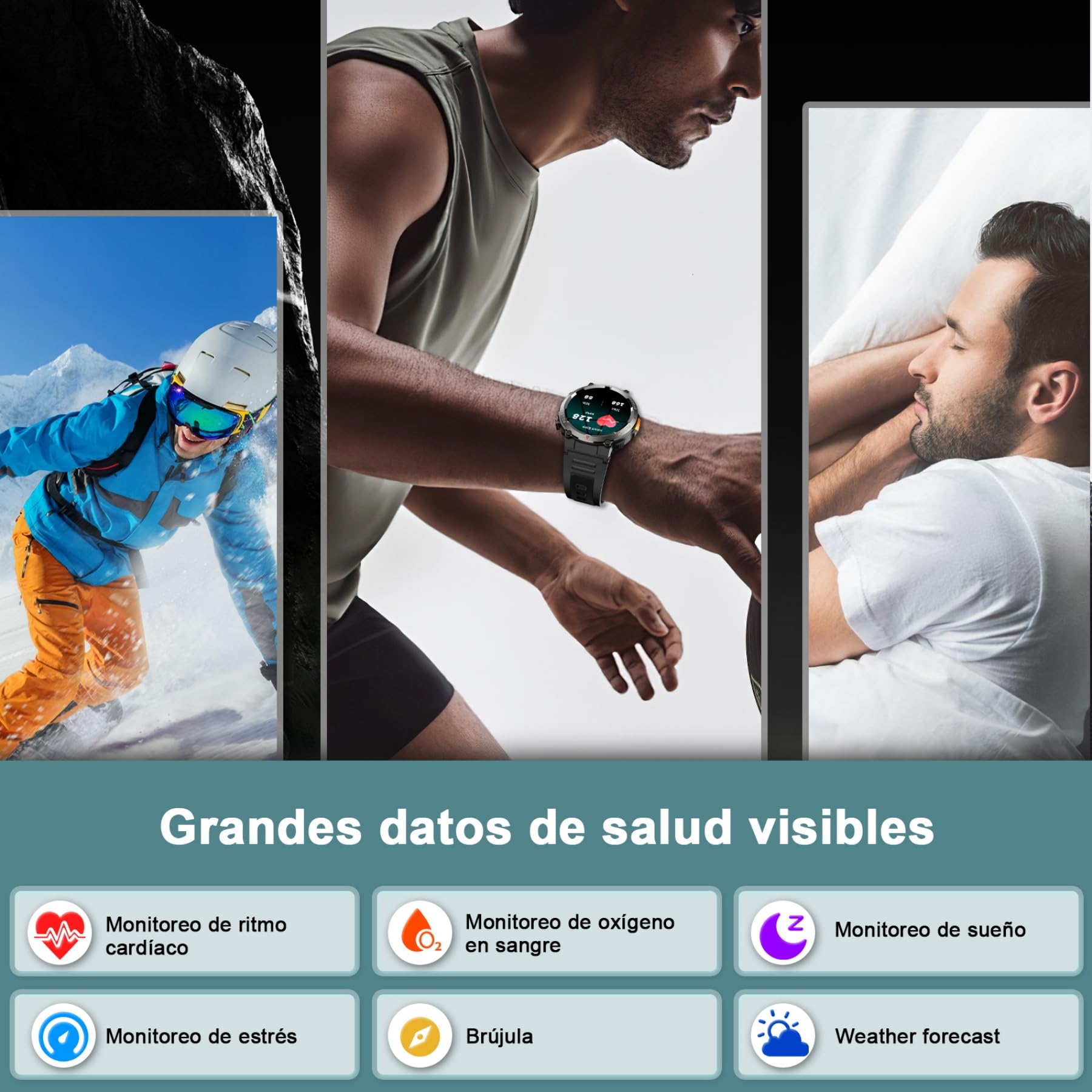 IOWODO Reloj Inteligente Hombre con Llamadas, 1.45" Militar Smartwatch con Linterna y Brújula, 960mAh Batería, 123 Modos Deporte, Monitor Cardíaco 24h/SpO2/Sueño, IP68, 2 Correas(iOS/Android)