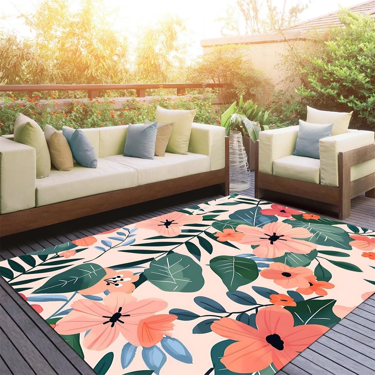 Green Pink Floral Leaves Print Pattern Waterproof Area Rug for Porch Patio RV Country Rustic Vibrant Flower Deco Home 4x6 Rugs in Balcony Backyard
