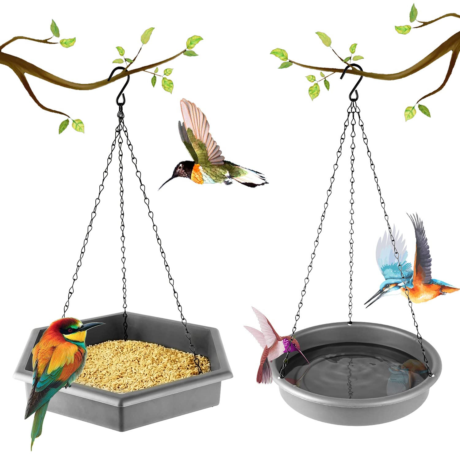 Hanging Bird Feeder - DOPGL Hanging Bird Bath, 2 in 1 Platform Bird Feeder & Bath Tray, Bird Baths for Outdoors (Dark Grey)