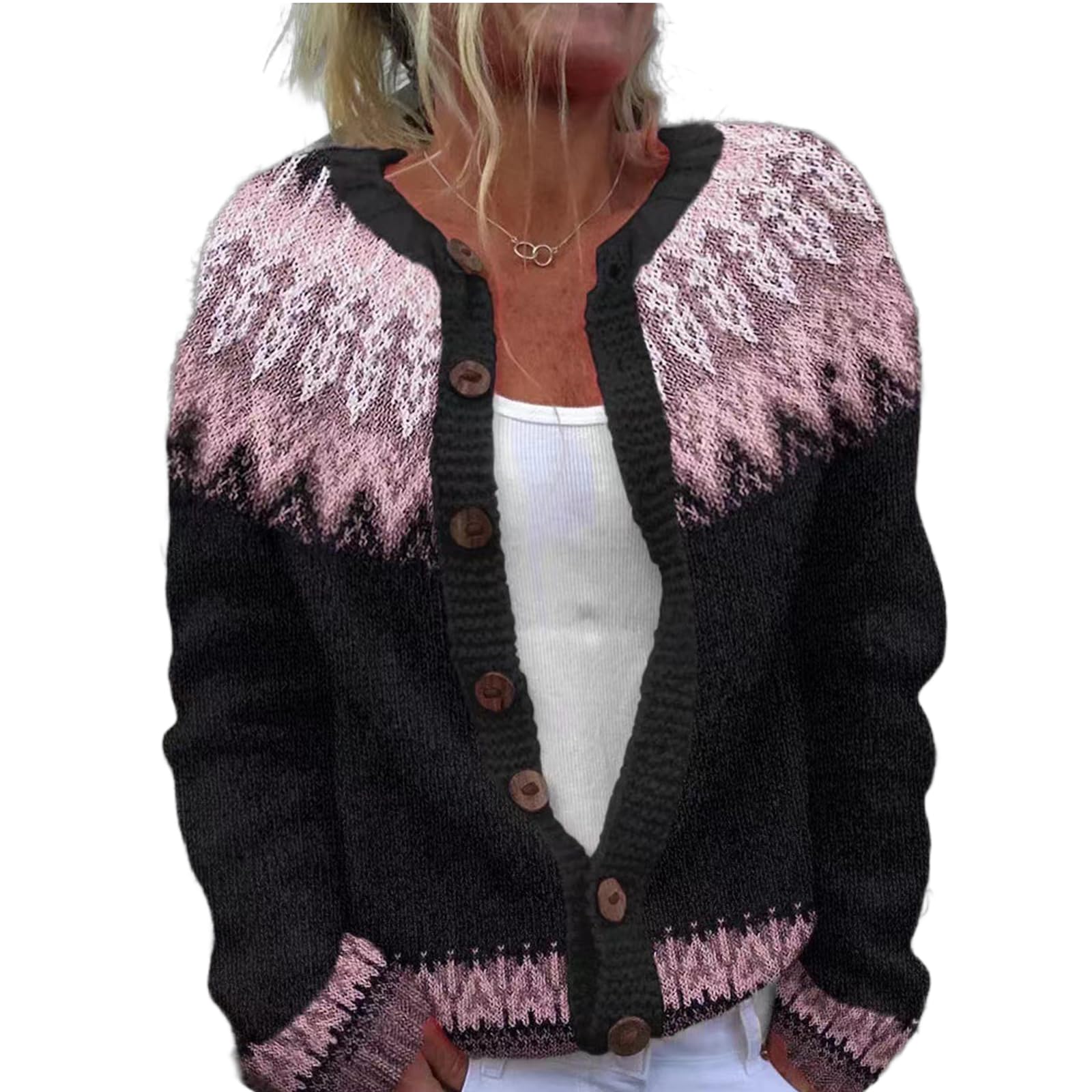 Womens Nordic Fair Isle Cardigan Vintage Icelandic Knitted Coat with Colorful Boho Pattern Button Front Open Sweater