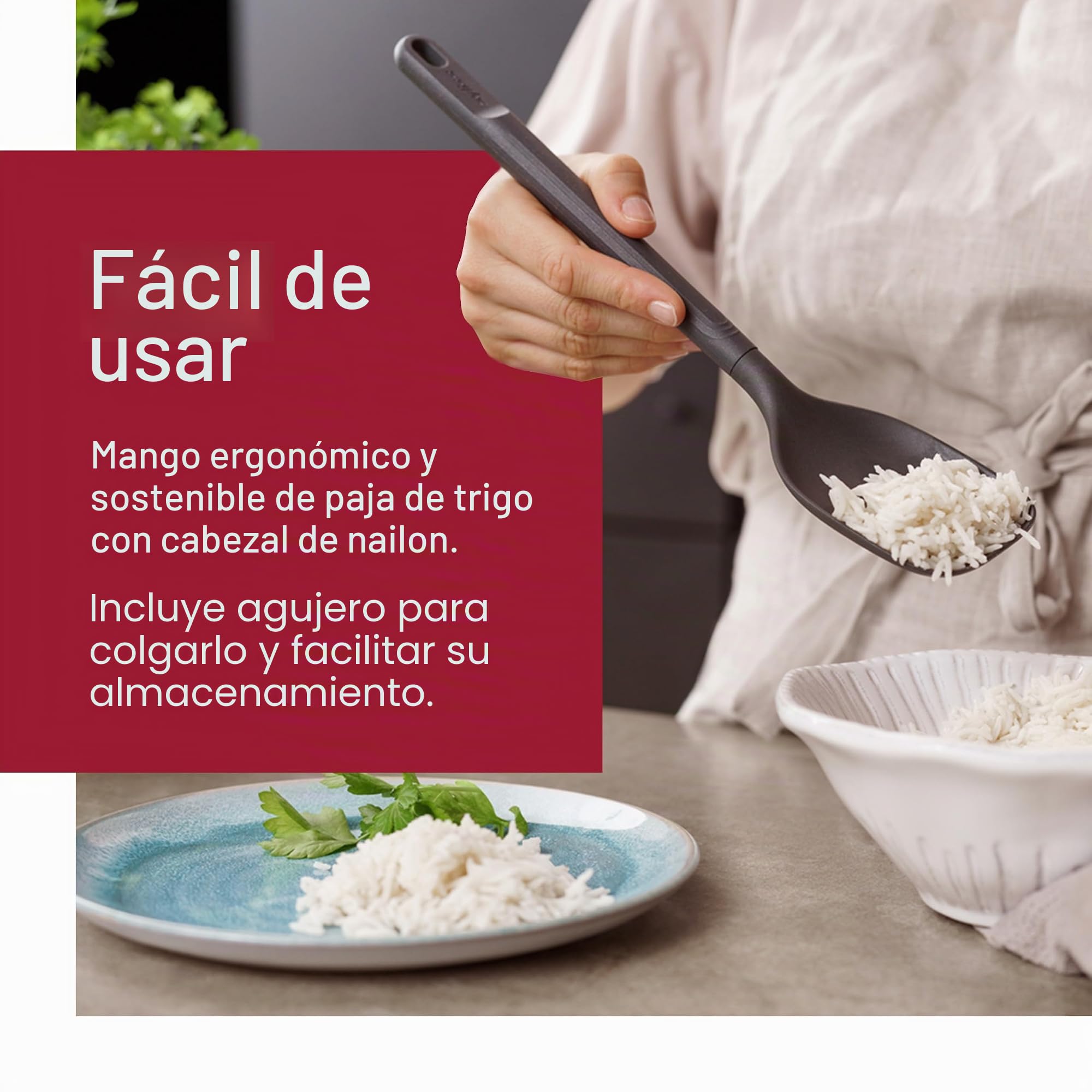 Zyliss Juego de 7 Utensilios de Cocina de Silicona y Paja de Trigo Duraderos con Cucharón, Espátula, Cuchara y Soporte, Cabezales de Silicona Resistentes al Calor, Color Gris Beluga