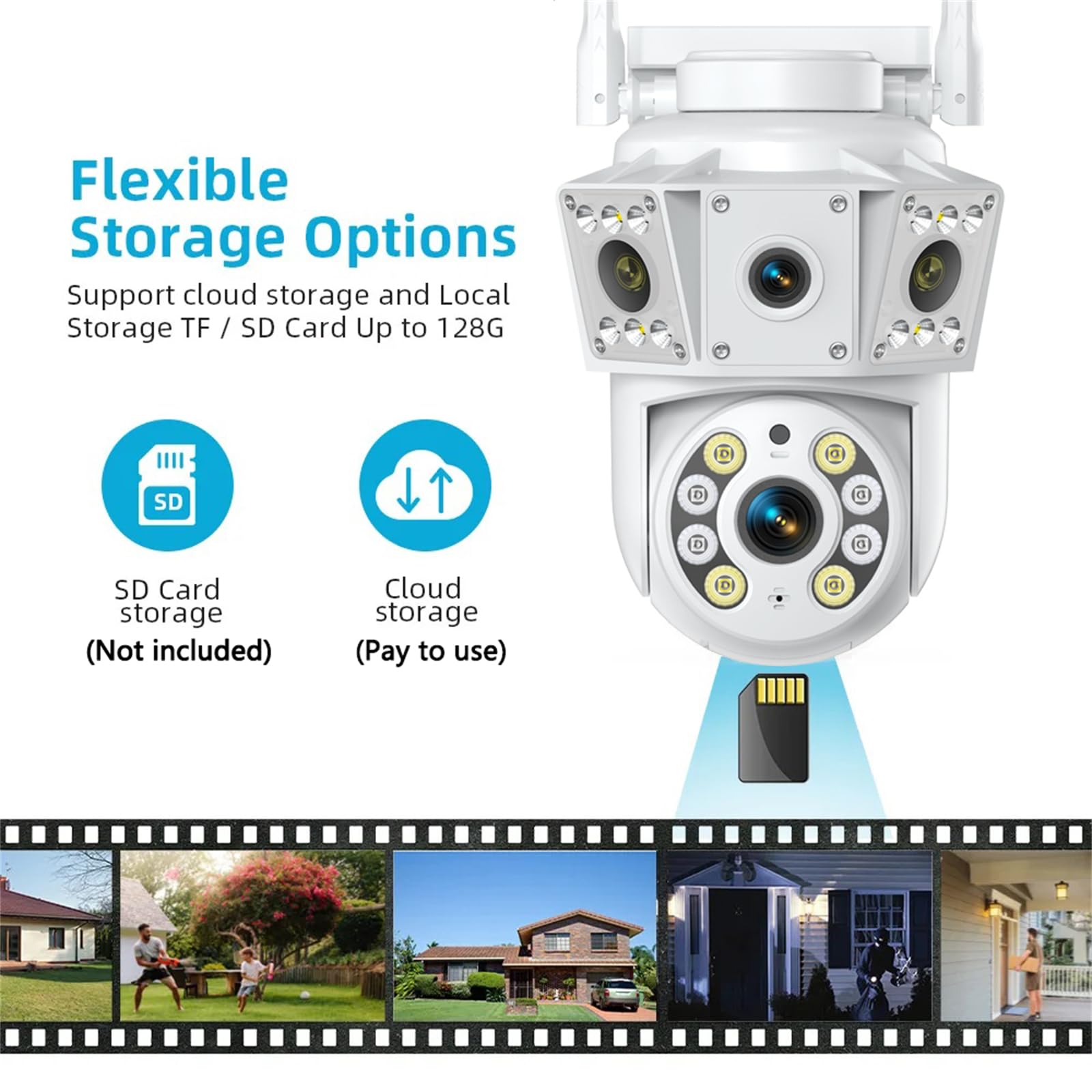 Telecamera di sicurezza 2K per esterni, fotocamera a doppia lente, telecamera CCTV a 360°, WiFi 2.4/5GHz, con registrazione 24/7, visione notturna a colori, rilevamento umano PIR, allarme