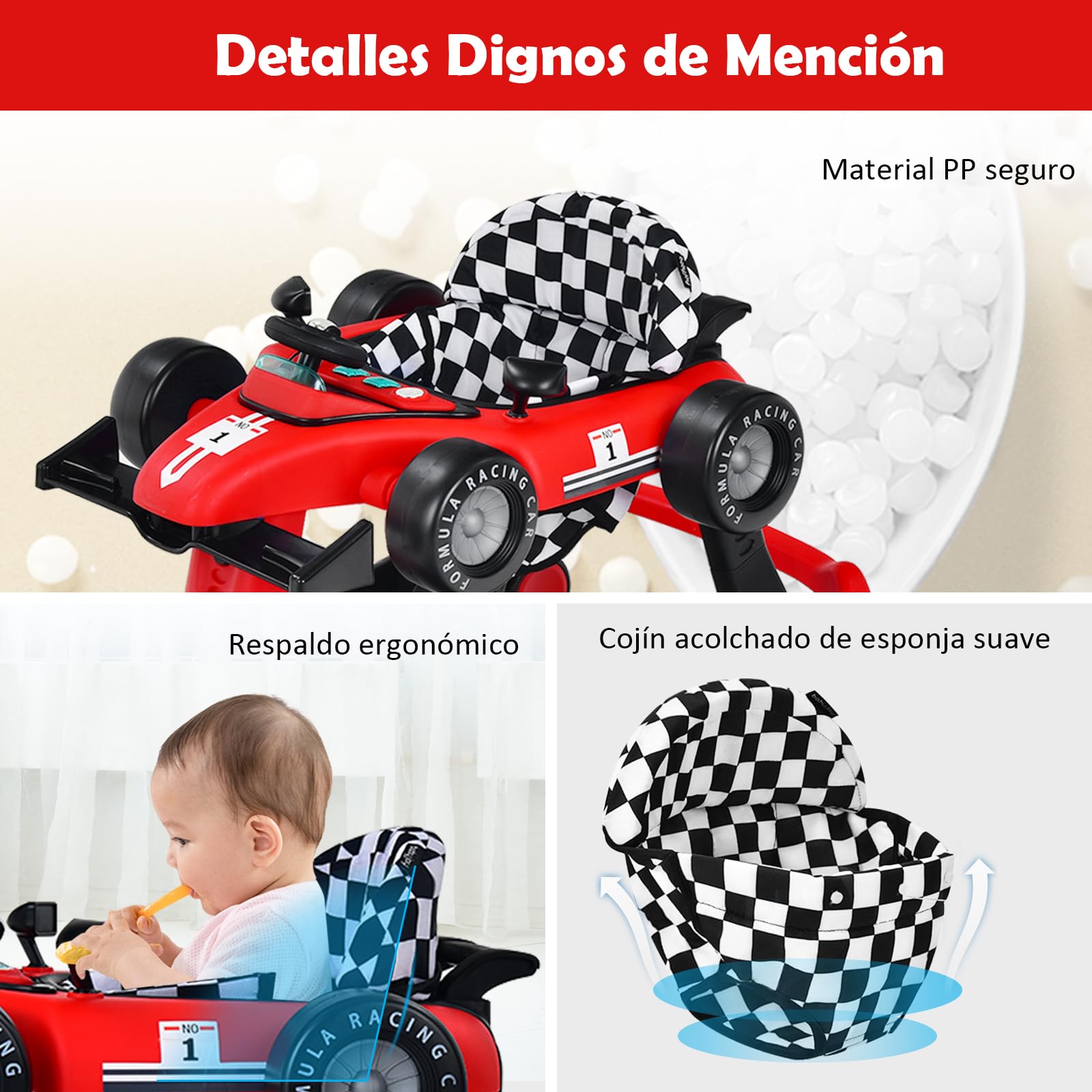 GOPLUS Andador Bebes 4 en 1, Andador Plegable con Altura Ajustable en 3 Niveles, Ruedas de Velocidad Regulable y Cojín Extraíble, Tacatá para Bebé 6-18 Meses con Luces, Música y Volante (Rojo) — view 3