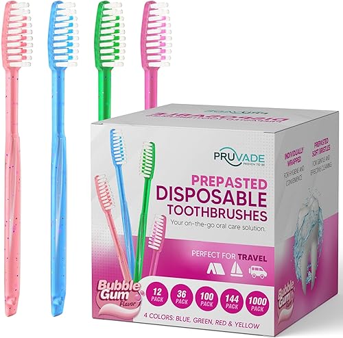 Miniatura 10 de PRUVADE Paquete de 144 cepillos de dientes desechables de bambú con pasta de dientes incorporada, cepillos de dientes prepegados envueltos