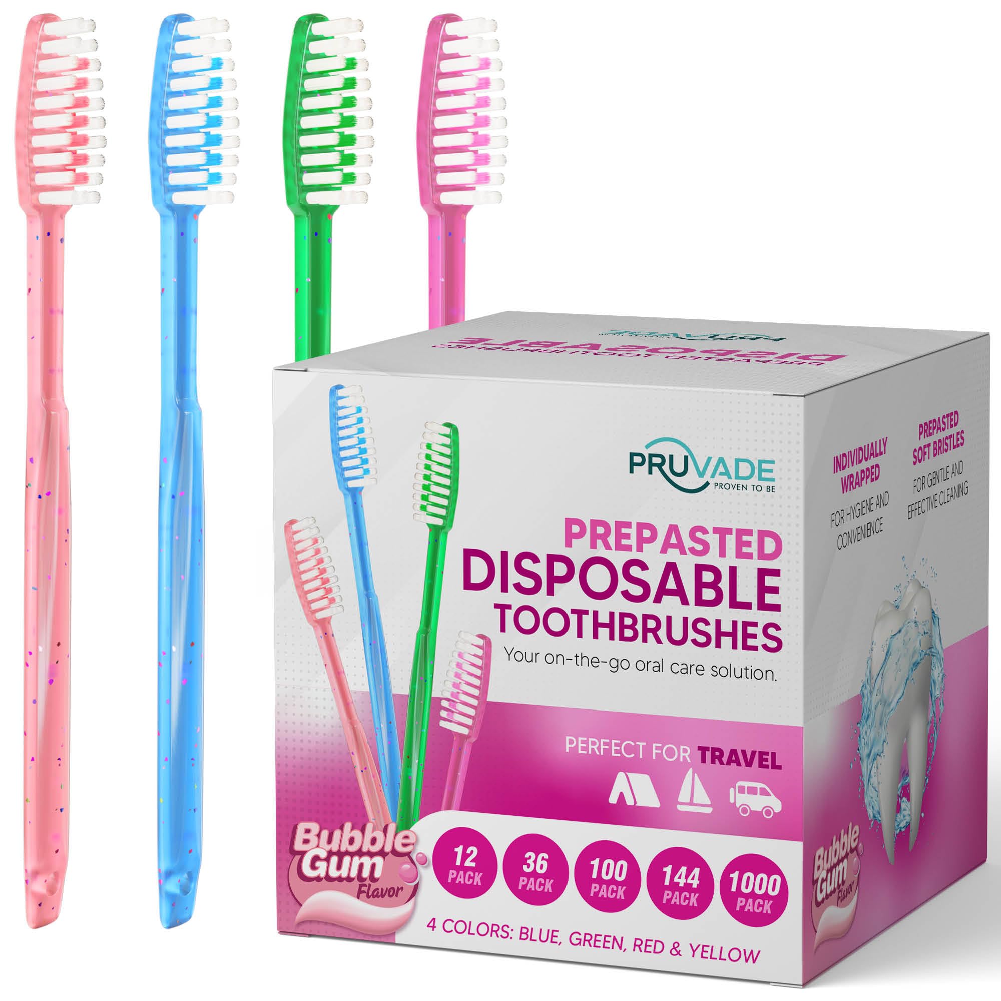 Pruvade 144 Pack Disposable Toothbrushes with Toothpaste Built in - Prepasted Toothbrushes Individually Wrapped - Single Use Waterless Tooth Brush