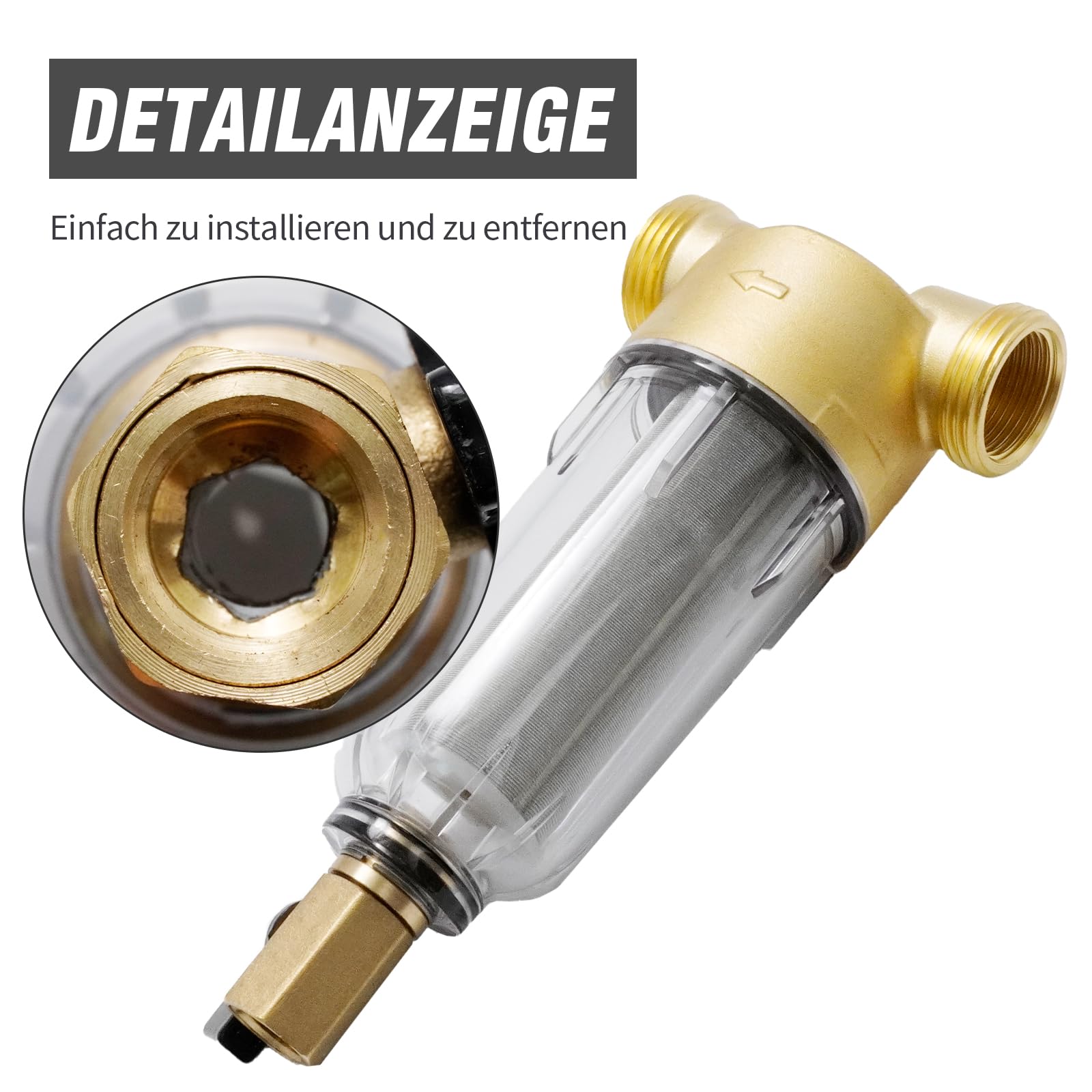 Wiederverwendbar Wasserfilter Vorfilter, 1 Zoll mit 3/4" Adapter, 40 Mikron Edelstahl Filternetz, Transparentes Gehäuse für Waschmaschine Hauswasser