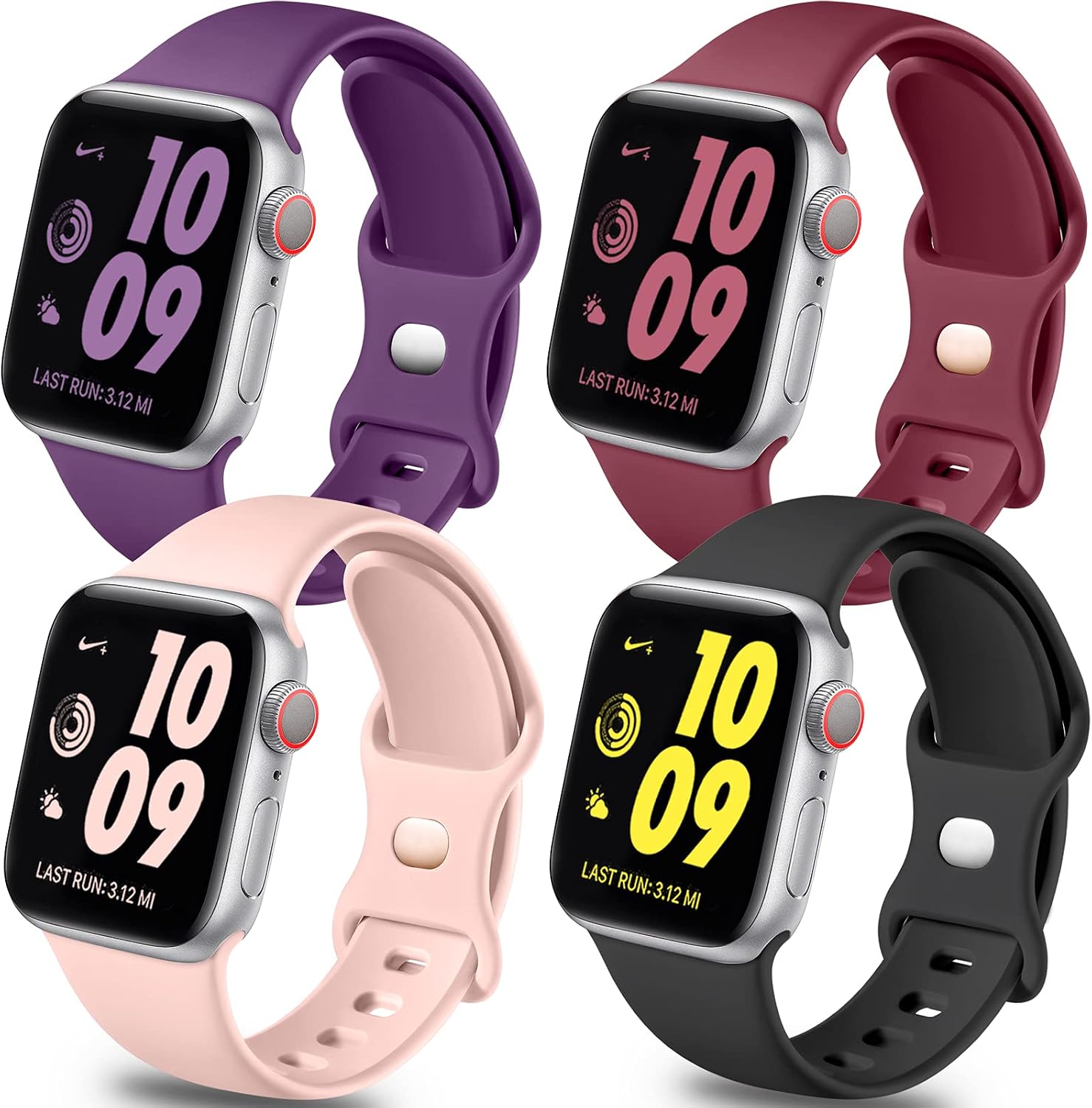Getino Band Compatible with Apple Watch 40mm 38mm 44mm 42mm iWatch SE Series 6 5 4 3 2 1, Stylish Breathable Soft Silicone Replacement Strap for Women Men, 4 Pack, Black, Wine Red, Pink Sand, Purple, M/L