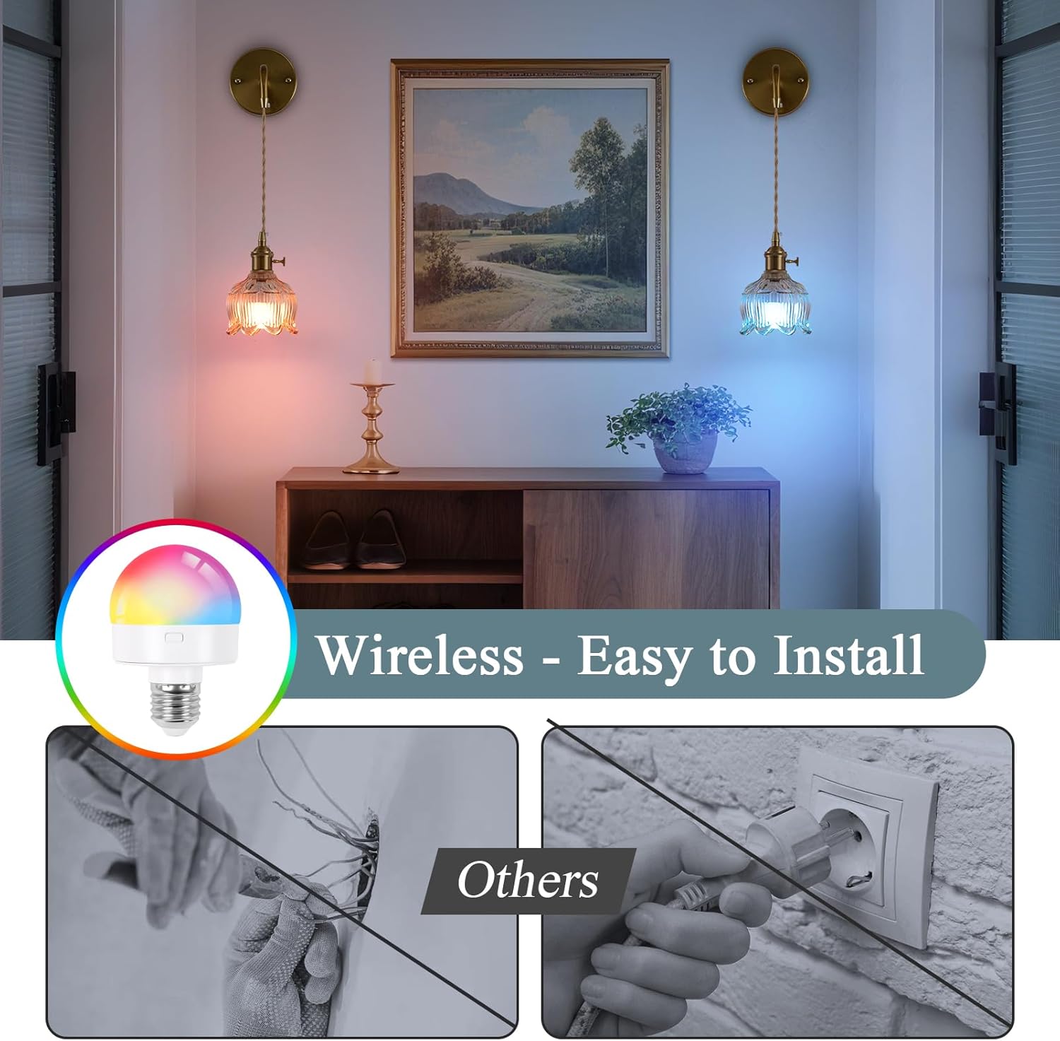 Vintage Battery Operated Wall Sconce Set of 2, Amber Glass Lampshade Wireless Rechargeable Battery Powered Wall Light, RGB Wall Sconce Fixtures for Bedroom, Living Room