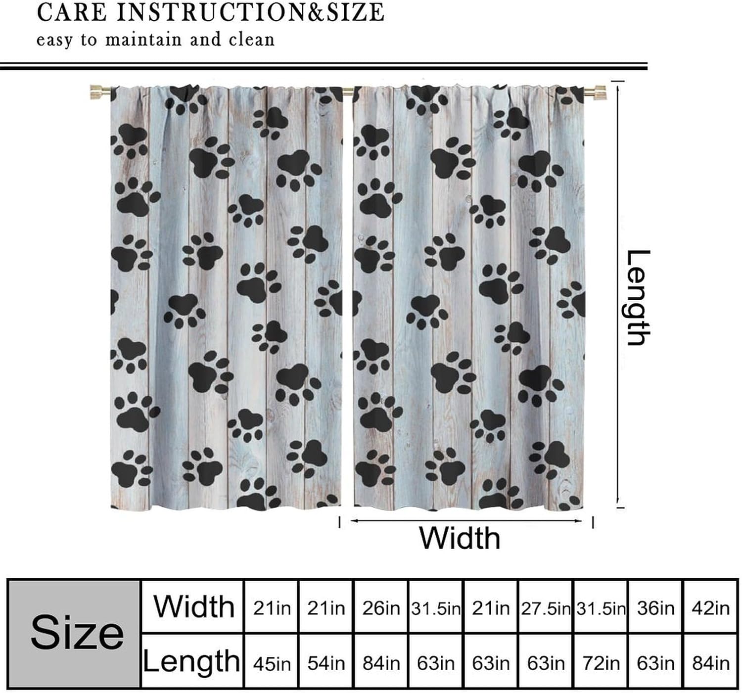 Dog Paws Curtains Farm Wooden Board Black Paws Pattern for Kids Room Decoration Blackout Print Rod Pocket Window Drapes for Bedroom Living Room 42x54in