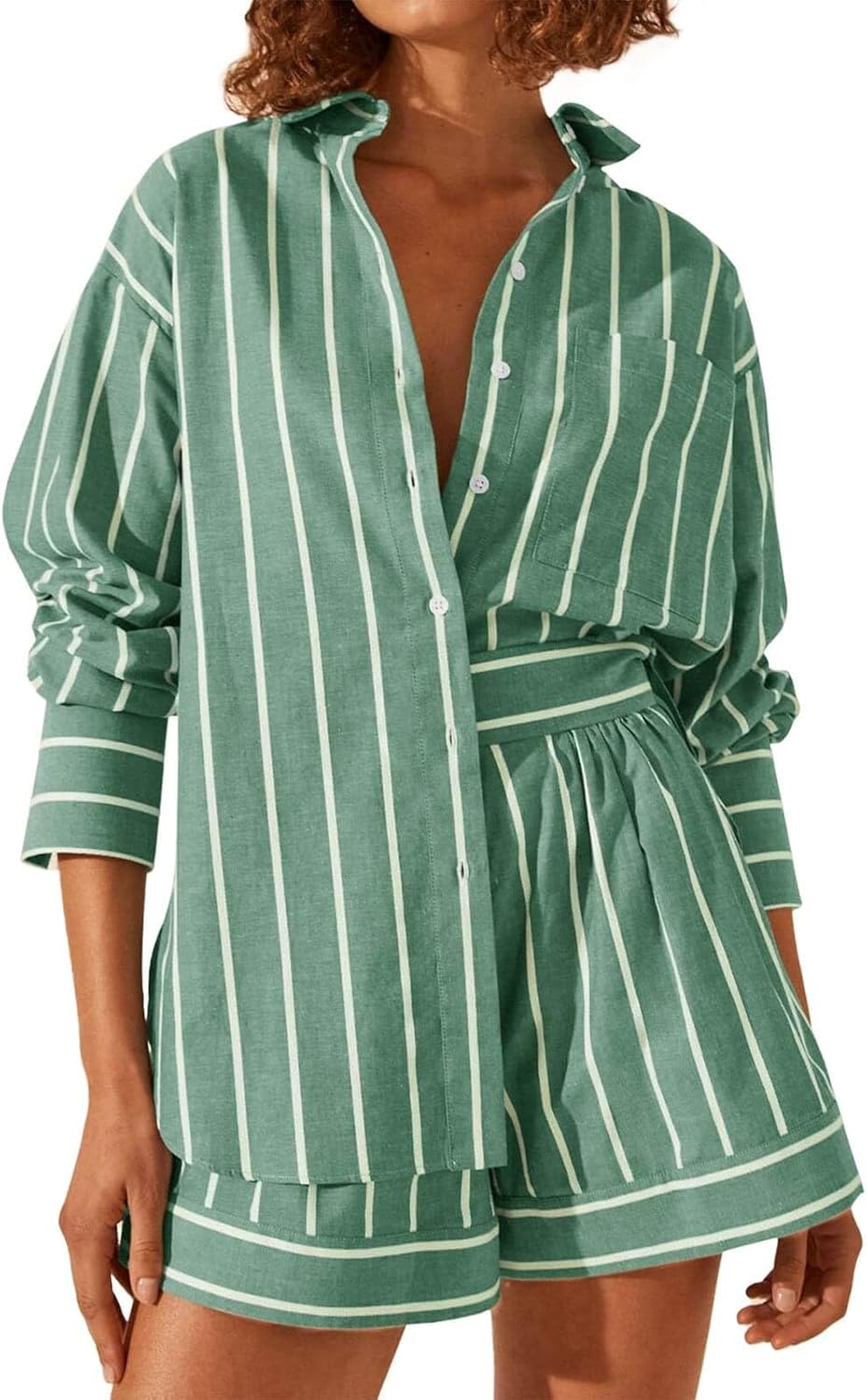 Tankaneo Womens 2 Piece Outfits Striped Long Sleeve Button Down Collared Shirt Matching Shorts Sets