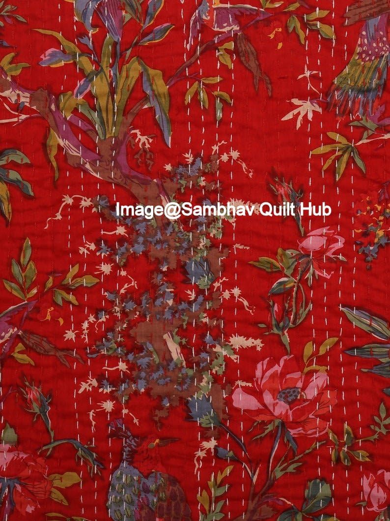 Queen/Twin/King Red Handmade Bird Home Decor Bed Bohemian Bird Queen Bedspread Handcrafted Handmade Quilt Kantha Bird Print Cover Unique Blanket Bedding Quilt (60X90 inch)