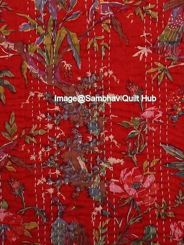 Queen/Twin/King Red Hecho a Mano Bird Decoración del Hogar Cama Bohemia Bird Queen Colcha hecha a mano Hecho a mano Edredón Kantha Bird Print Cover