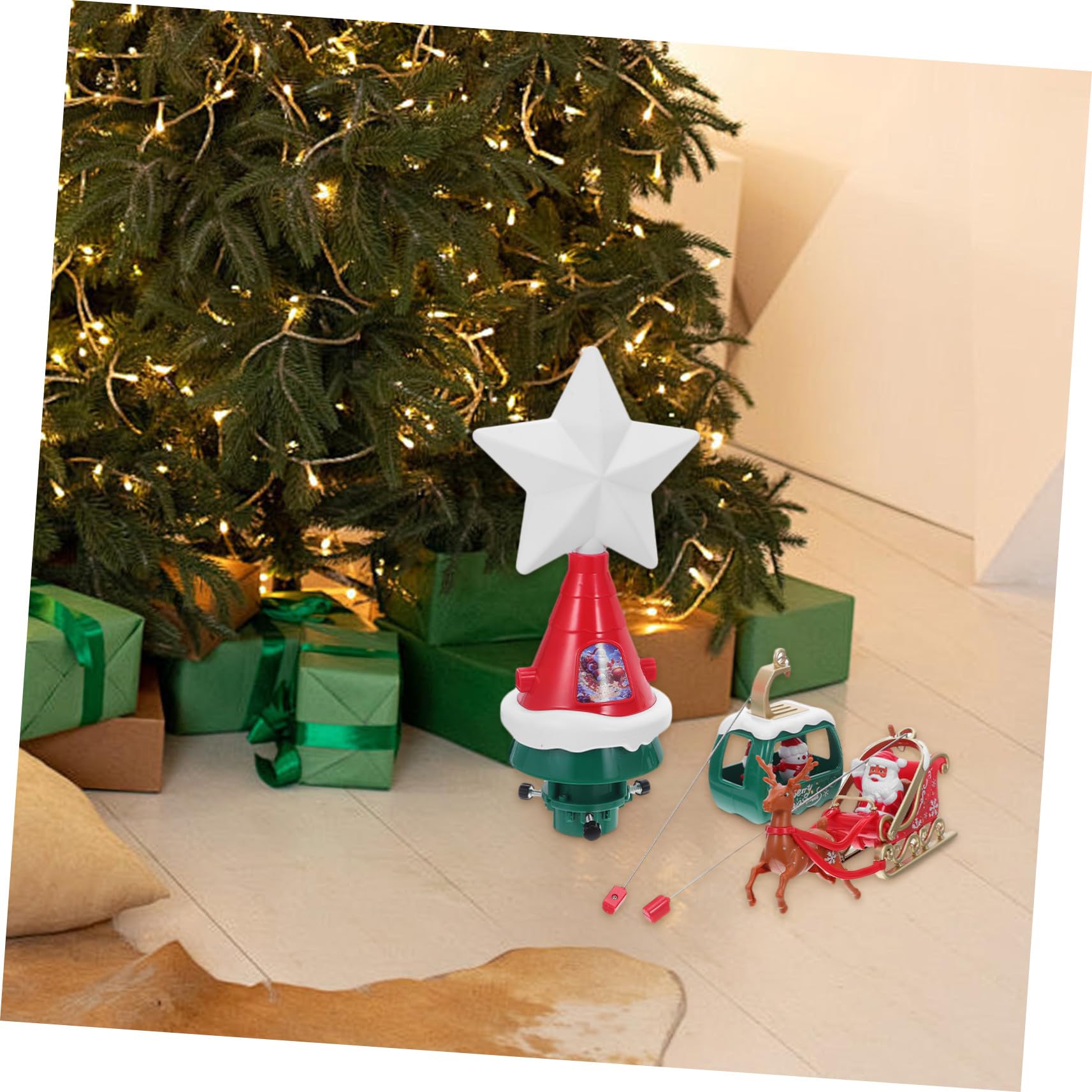 NUOBESTY Puntale Stella Albero di Natale LED Rotante con Slitta di Babbo Natale e Pupazzi di Stella Illuminata per Albero Decorazione Musicale per Festa Natalizia all Aperto e Casa