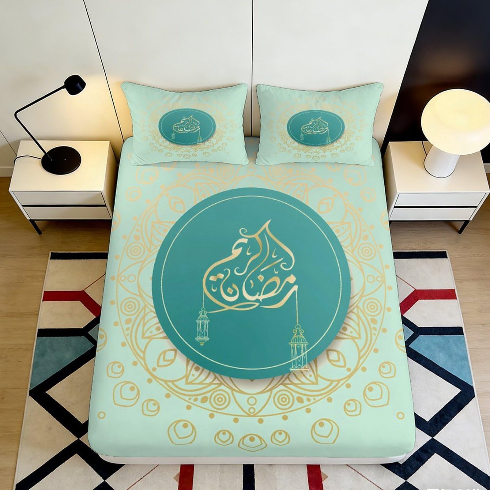 3D Printed Ramadan Calligraphy Fitted Sheet Microfiber Soft Mandala Bed Cover for Bedroom Dorm Easy Care Decor 90x200x25cm