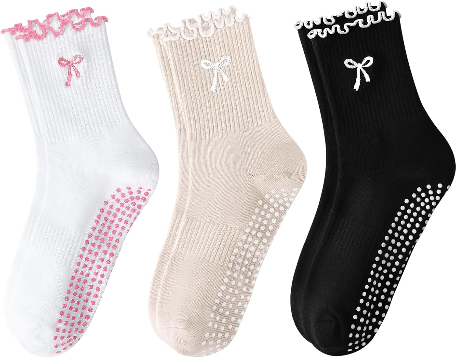 Pilates Yoga Grip Socks for Women, Bow-Patterned Ruffled Crew Socks Ideal for Fitness, Ballet Bar Work&Dance