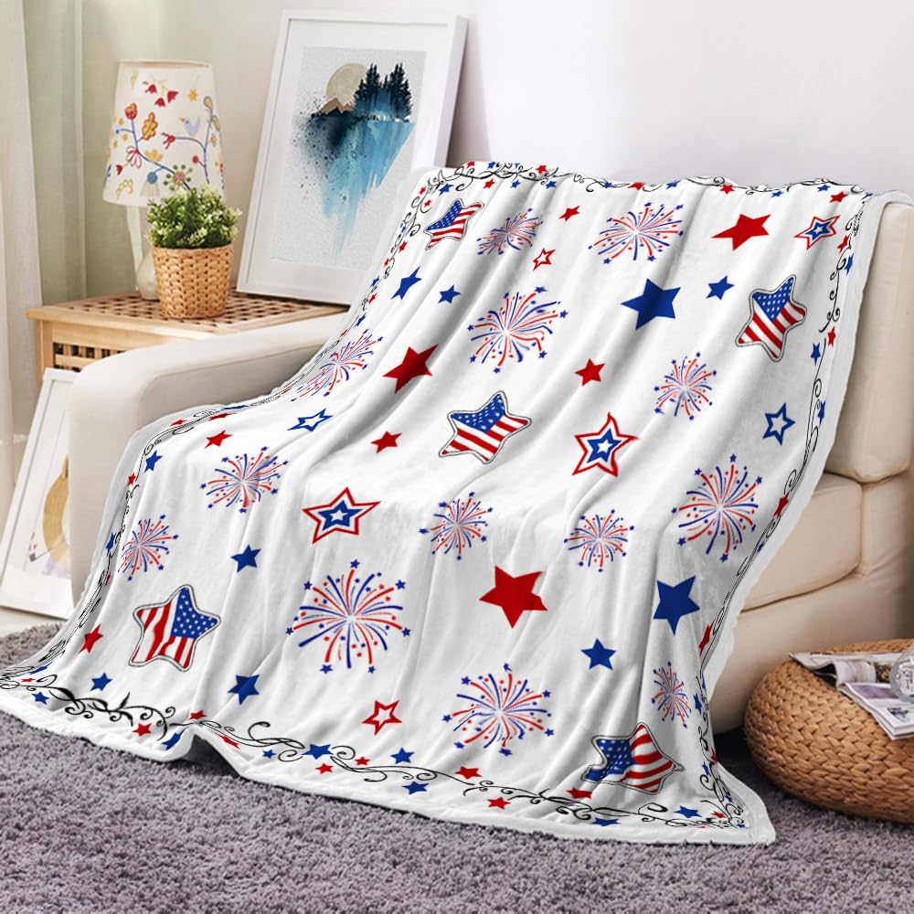 Red Blue Stars Throw Blanket, 4th of July Independence Day Fleece Throw Blanket Patriotic Blanket for Bed American Flag Soft Plush Warm Lightweight