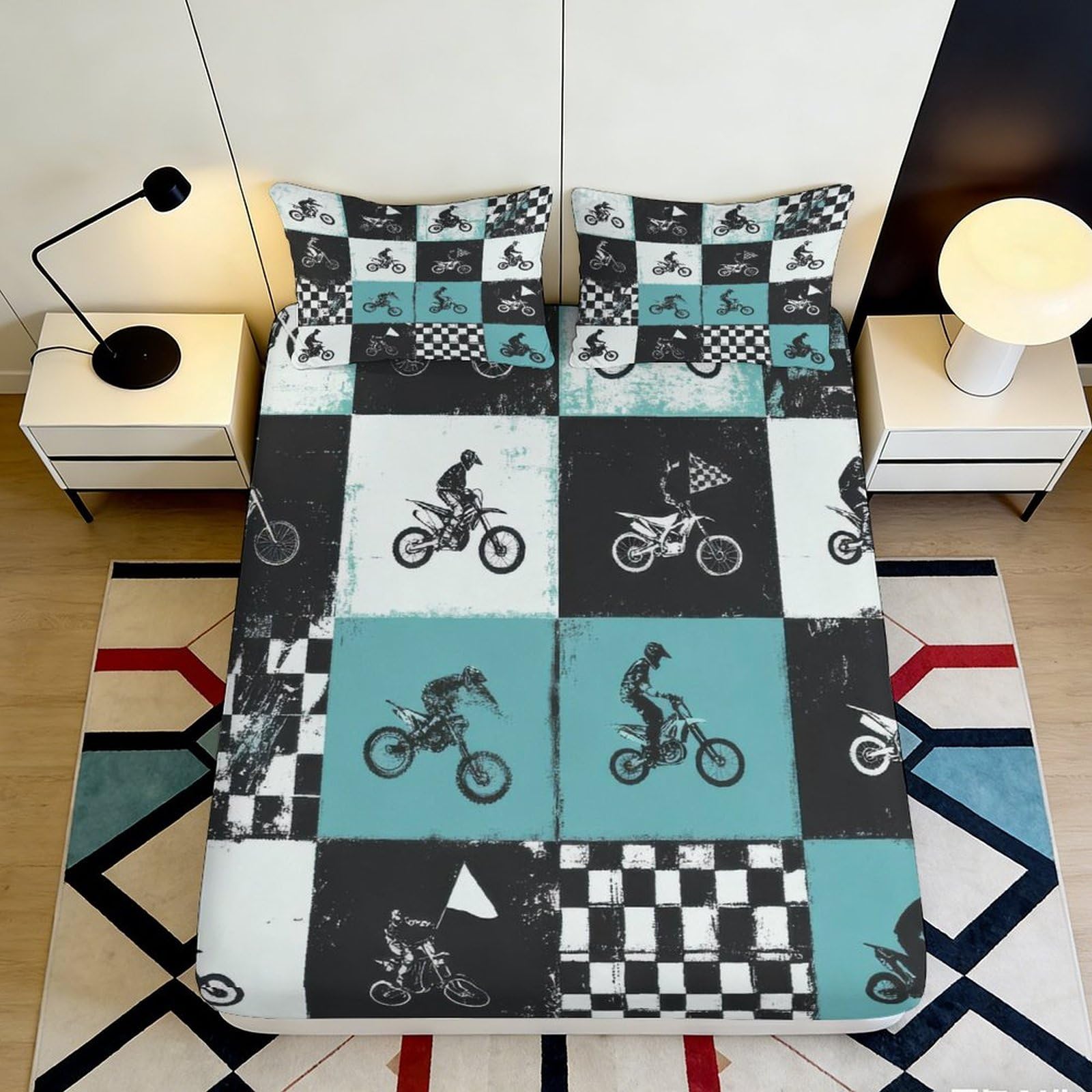 Jqzkxnhpbr Style-4 3D Printed Bmx Motocross Fitted Sheet Microfiber Soft Anti-Slip Checkerboard Mattress Cover For Bedroom Dorm Decor Protection 90X200x25cm