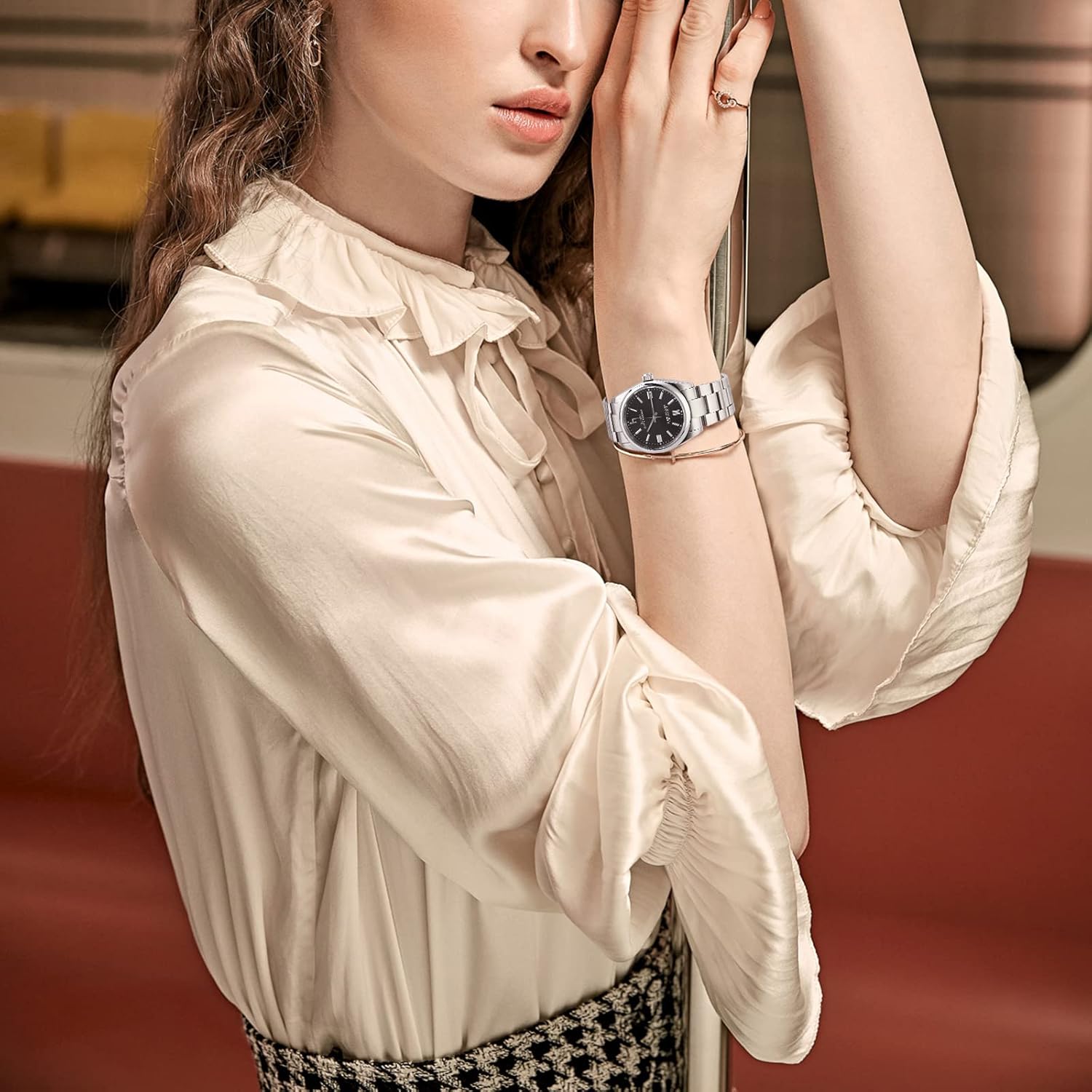 BUREI Womens Classic Quartz Watch, Silver Stainless Steel Band, Round Analog Display, 36mm Water Resistant Business Wristwatch，Ladies' Gifts