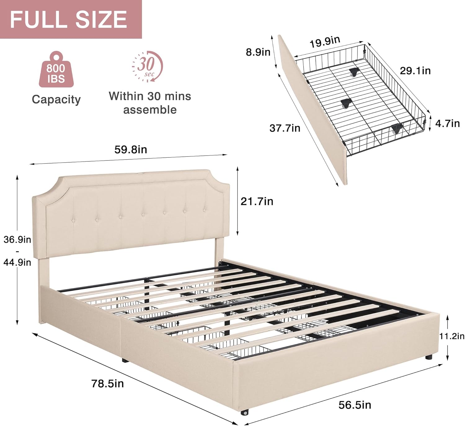 VECELO Full Size Platform Bed Frame with 4 Storage Drawers,Fabric Upholstered Headboard and Wooden Slats Support,Built-in USB and Type C Ports, No Box Spring Needed,Easy Assembly