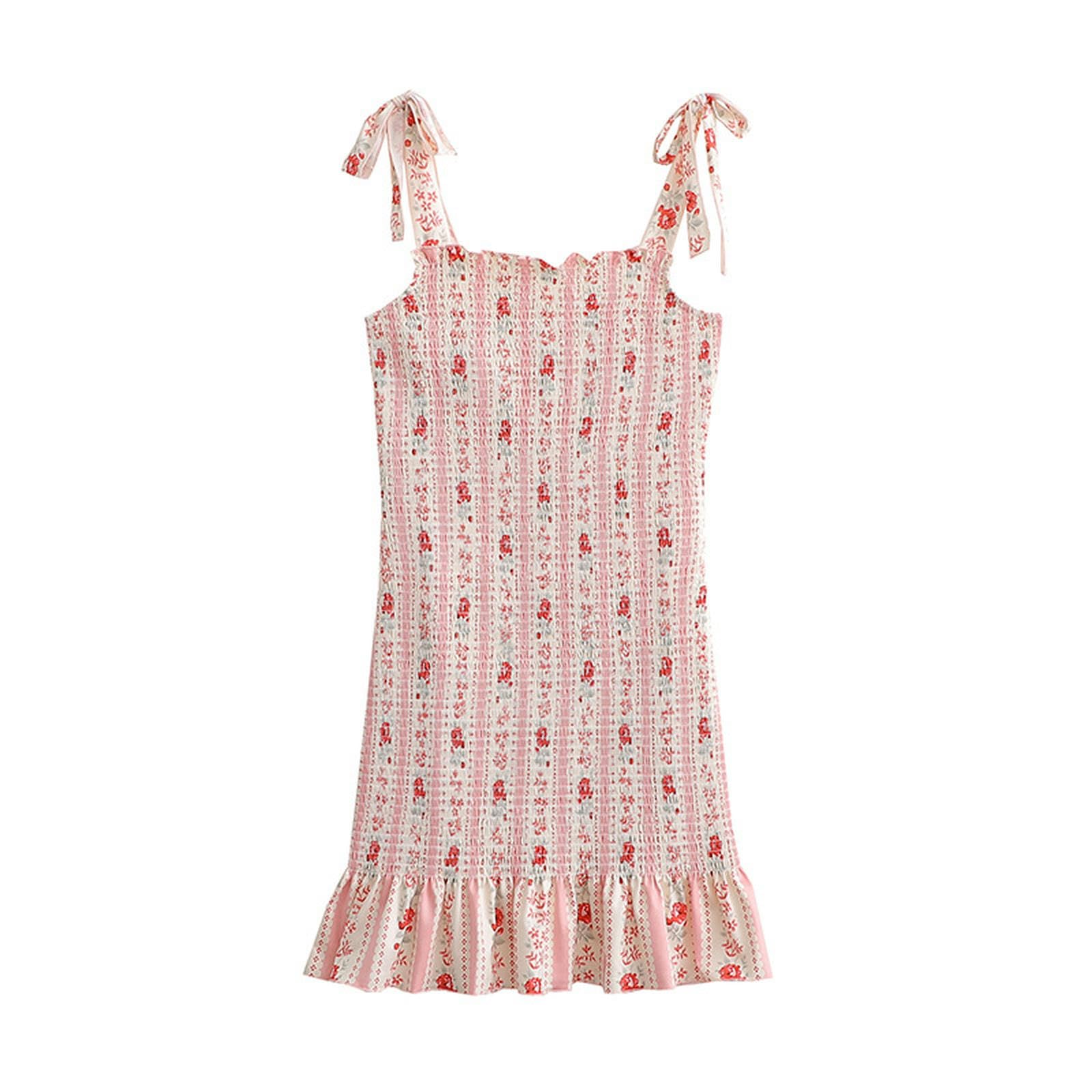 Robe à bretelles rose en tricot à volants pour femme idéale pour l'été
