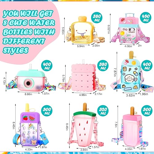 Miniatura 9 de 8 botellas de agua lindas con pajilla tazas de helado de sandía Kawaii para niños botellas a prueba de fugas con correa ajustable para el hombro