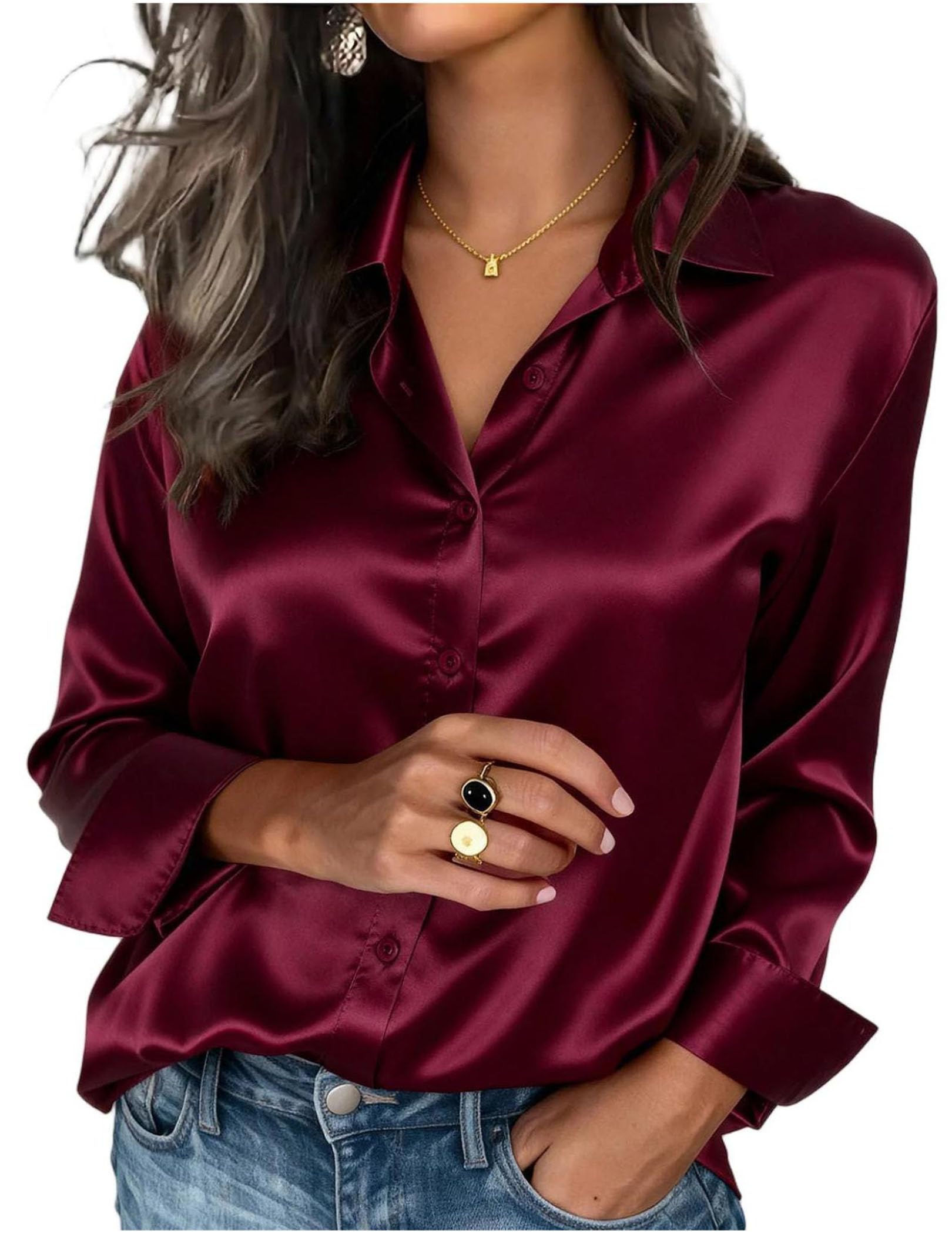 Tee shirt manches longues col V boutons style satin - 6