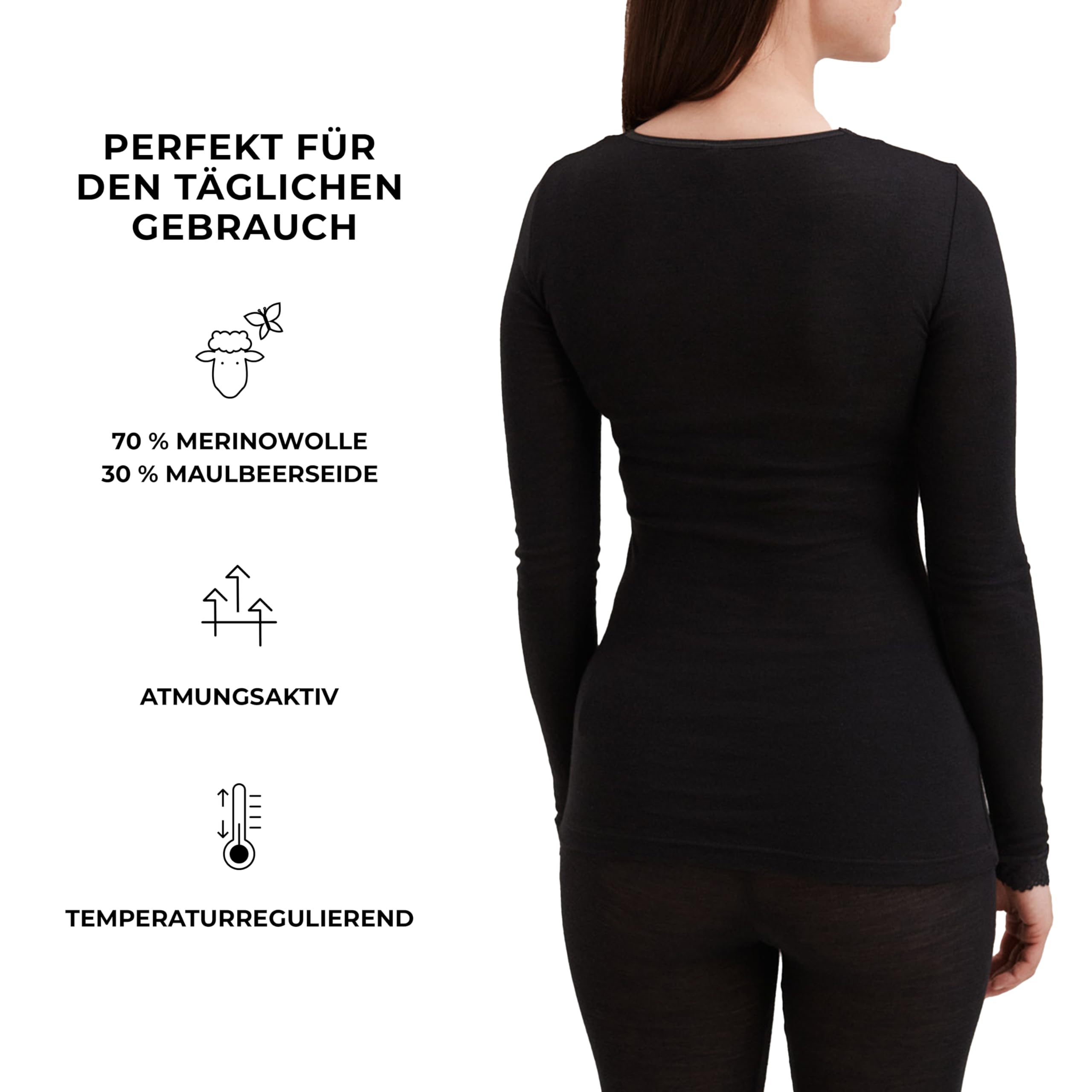 Dilling Damen Plus Size Merinowolle Seide Langarmshirt Baselayer temperaturregulierend atmungsaktiv