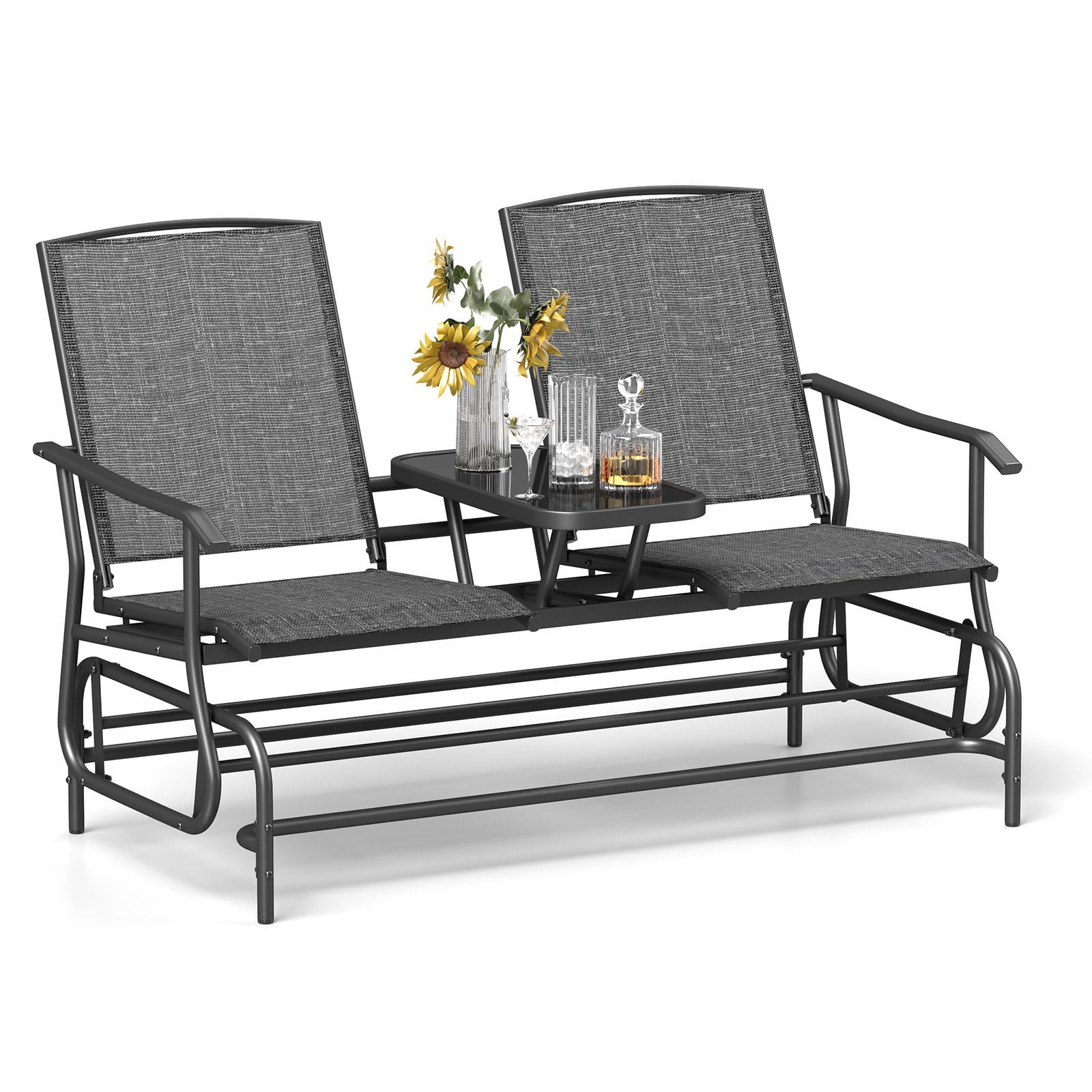 Tangkula 2 Person Swing Glider Chair, Patio Rocking Loveseat w/Center Tempered Glass Table, Outdoor Swing Bench w/Steel Frame & Breathable Mesh Fabric
