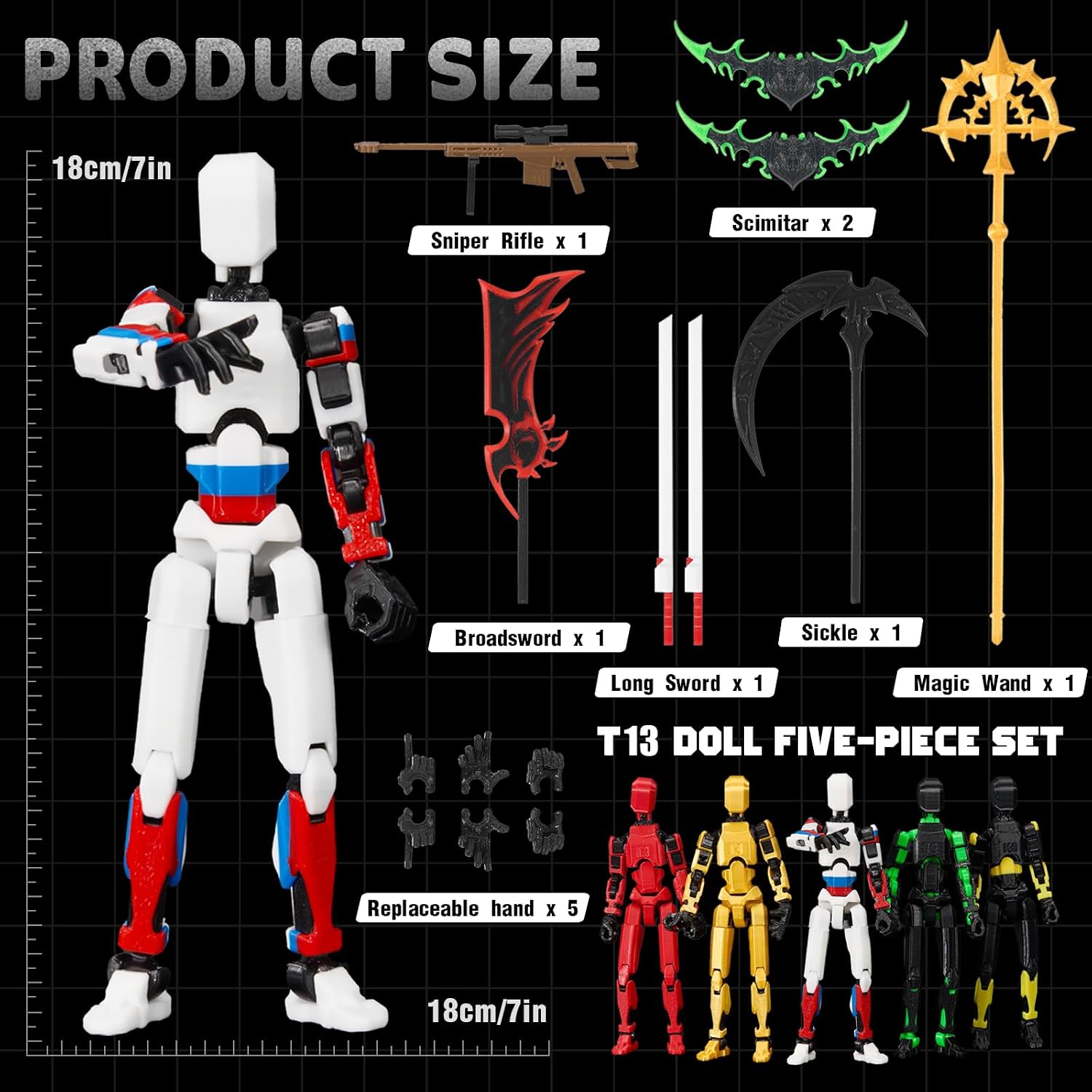 T 13 Action Figure Set: 5-Pack - A Collection of Pre-Assembled, Vibrantly Multi-Colored T 13 Figures, Complete with Laser Sabers & 3D-Printed T 13 Lucky Robo Dummy Action Figures