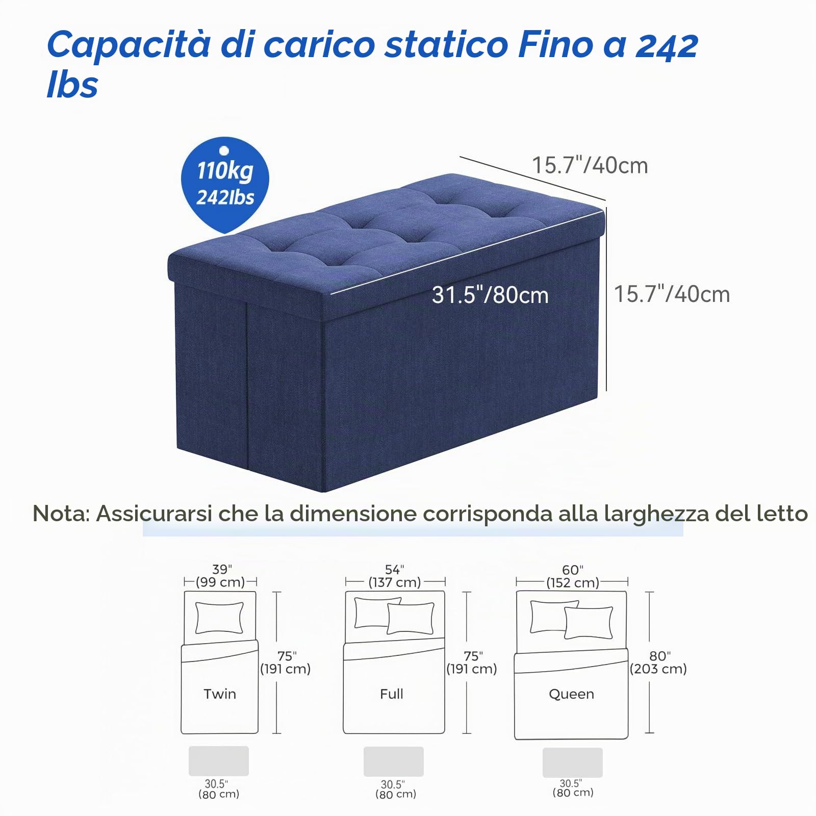 BRIAN & DANY Pouf Puff Pieghevole Stoccaggio Ottomano Poggiapiedi Sgabello Contenitore Cassapanca Pieghevole, Blu Navy - Tessuto Come Lino, 76 x 38 x 38 cm