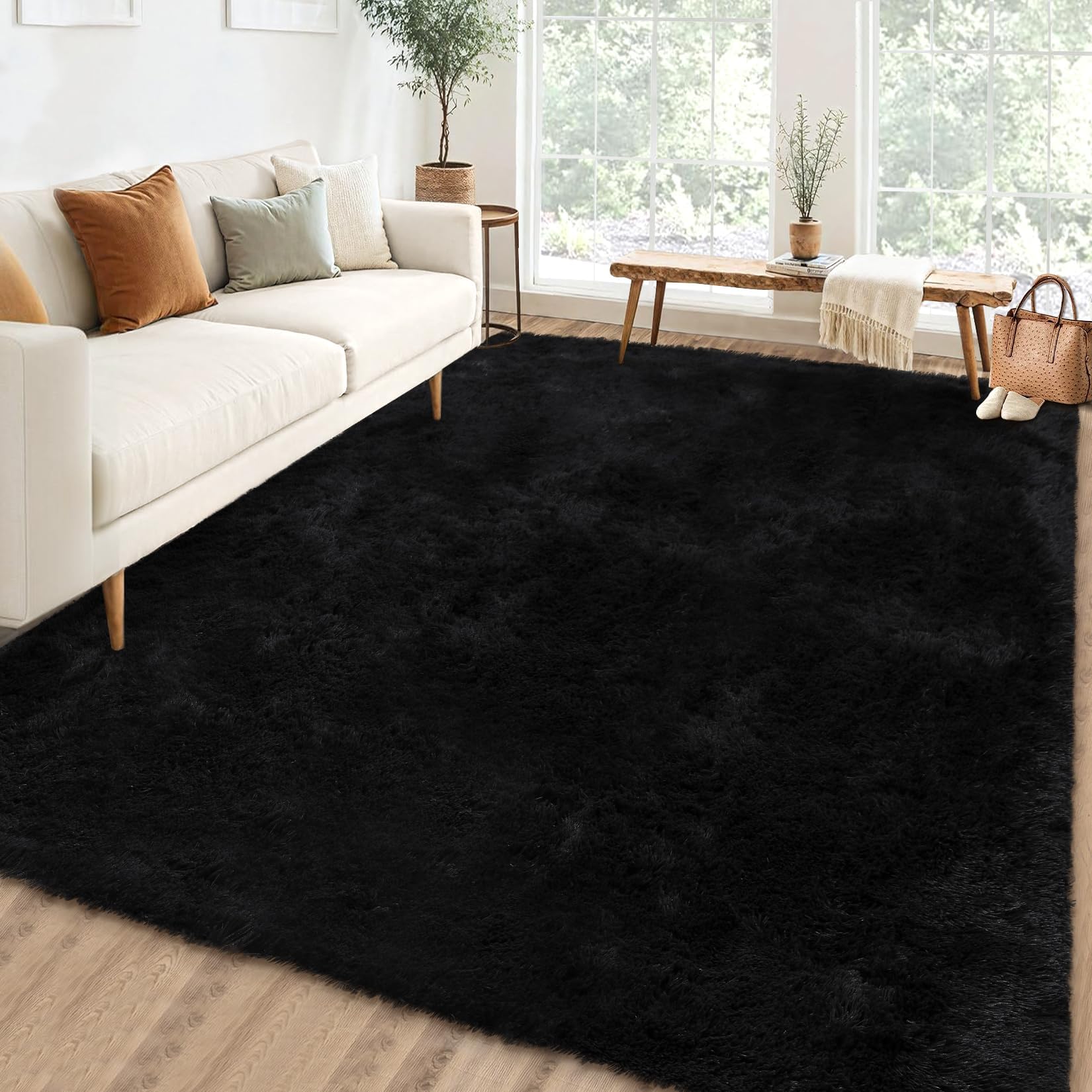 Alfombra de pasillo 2 x 6, suave, tie-Dye, de pelo largo, antideslizante, de felpa, para entrada o cabecera, no pierde sus pelos, lavable a máquina, efecto terciopelo (teñido negro/gris)