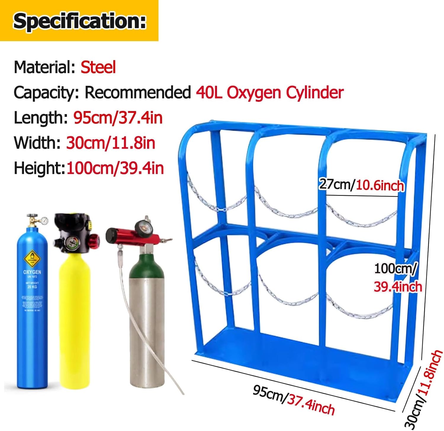 100cm Tall Oxygen Cylinder Rack/ Propane Tank Holder Floor Mountable, Hospital Laboratory Gas Cylinder Fixed Shelf/ Cylinder Bracket, with Protective Chain (# 27cm/10.6in-95x30x100cm/37.4x11.8x39.4in