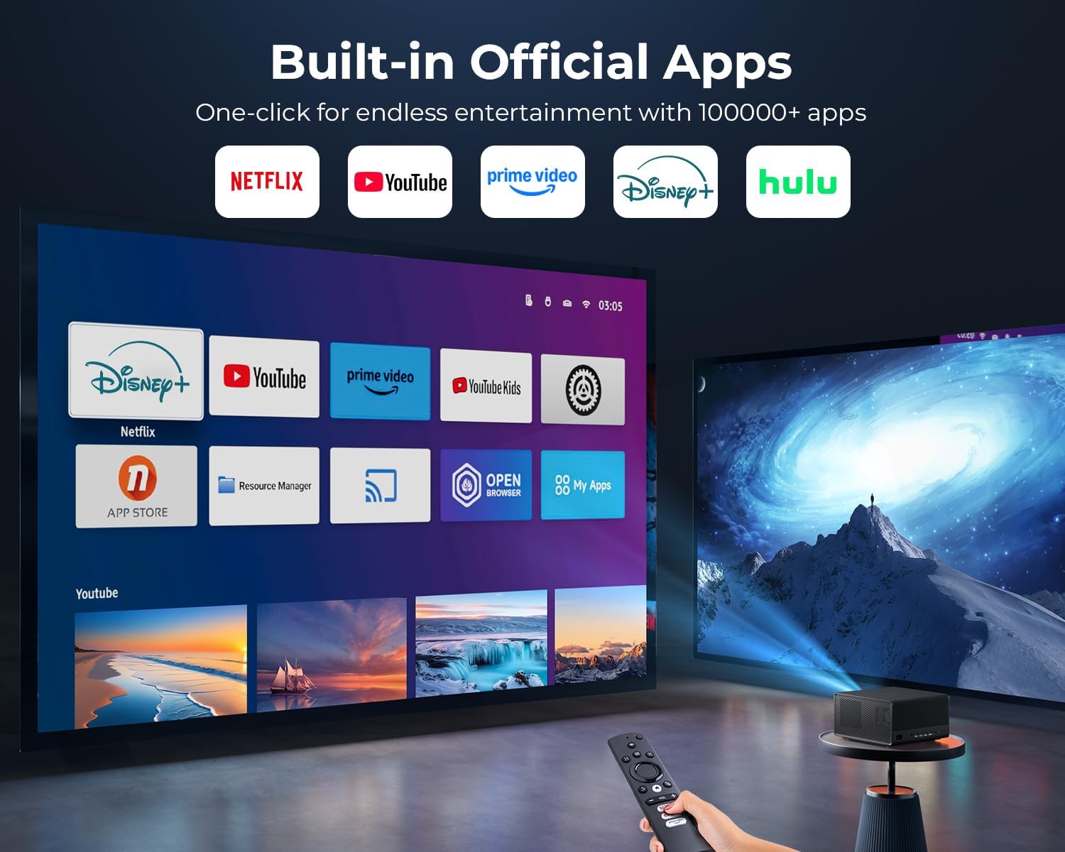 ELEPHAS Projector showing built-in official apps like Netflix, YouTube, Prime Video