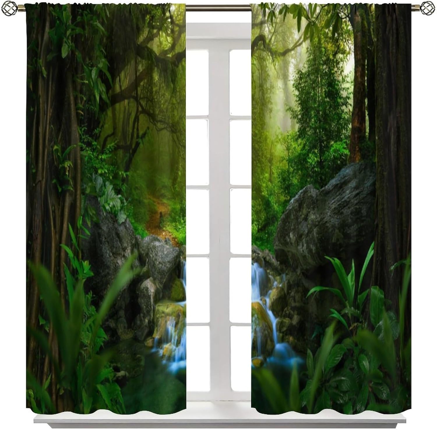 Tropical Forest Curtains Rod Pocket Nature Rainforest Waterfall Green Tree Landscape Scenery Printed Window Drapes for Bedroom Living Room Office Decor 72" W X 63" L