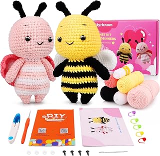Blyrbnom Crochet Kit for Beginners Easy to Start Crochet Animals Kits with Step-by-Step Video Tutorials Book for Adults Kids amigurumi Crochet Starter Kit (Bee and Butterfly Couple)