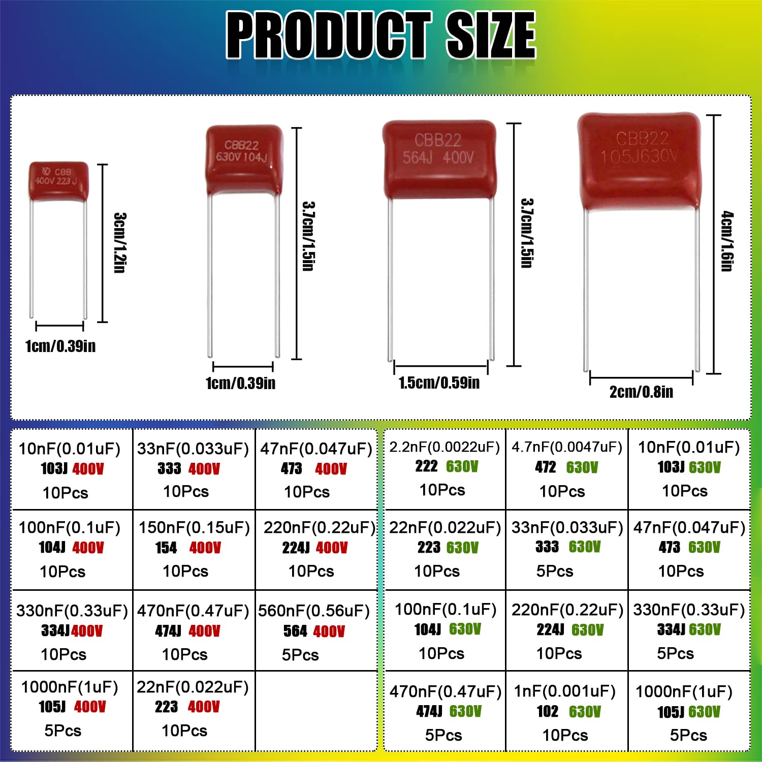 5 Condensatori A Film 47nF 400V - CBB22, 10mm, ±20% - Metallizzato, Polipropilene