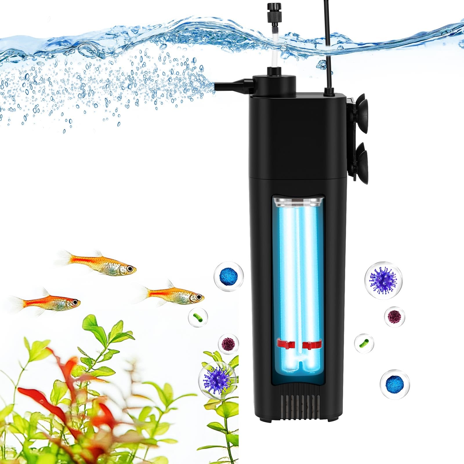 Aquarium Filter for 30-100gal, 172 GPH U-V Fish Tank Filter Submersible Internal Fish Tank Filters, Power Pump Air Supply Freshwater GreenClean Machine Clear Green Killing