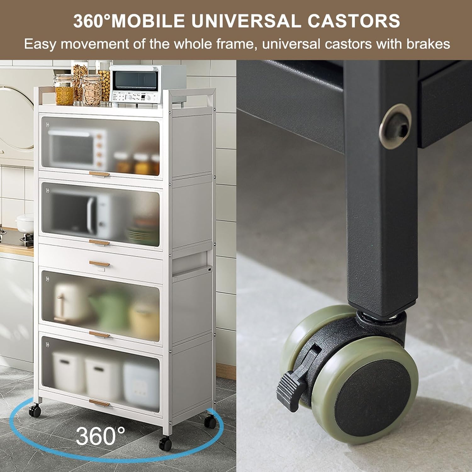 5 -Tier Microwave Stand with Flip Door Cabinet, Standing Bakers Rack for Kitchen Storage, Metal Shelves with Brakeable Casters and Drawer for Kitchen Pantry Living Room,Black,60×170cm/23.6×67in