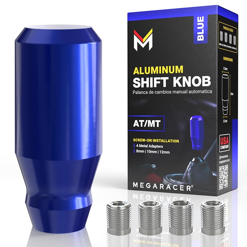 Manopla de Câmbio Mega Racer JDM Azul Royal em Alumínio, Cilindro Curto com Adaptadores para Câmbio Manual de 5 e 6 Marchas
