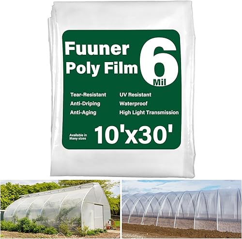 Fuuner - Lámina de plástico para invernadero de 6 mil, cubierta de repuesto transparente de 10 x 30 pies, resistente, resistente a los rayos UV,