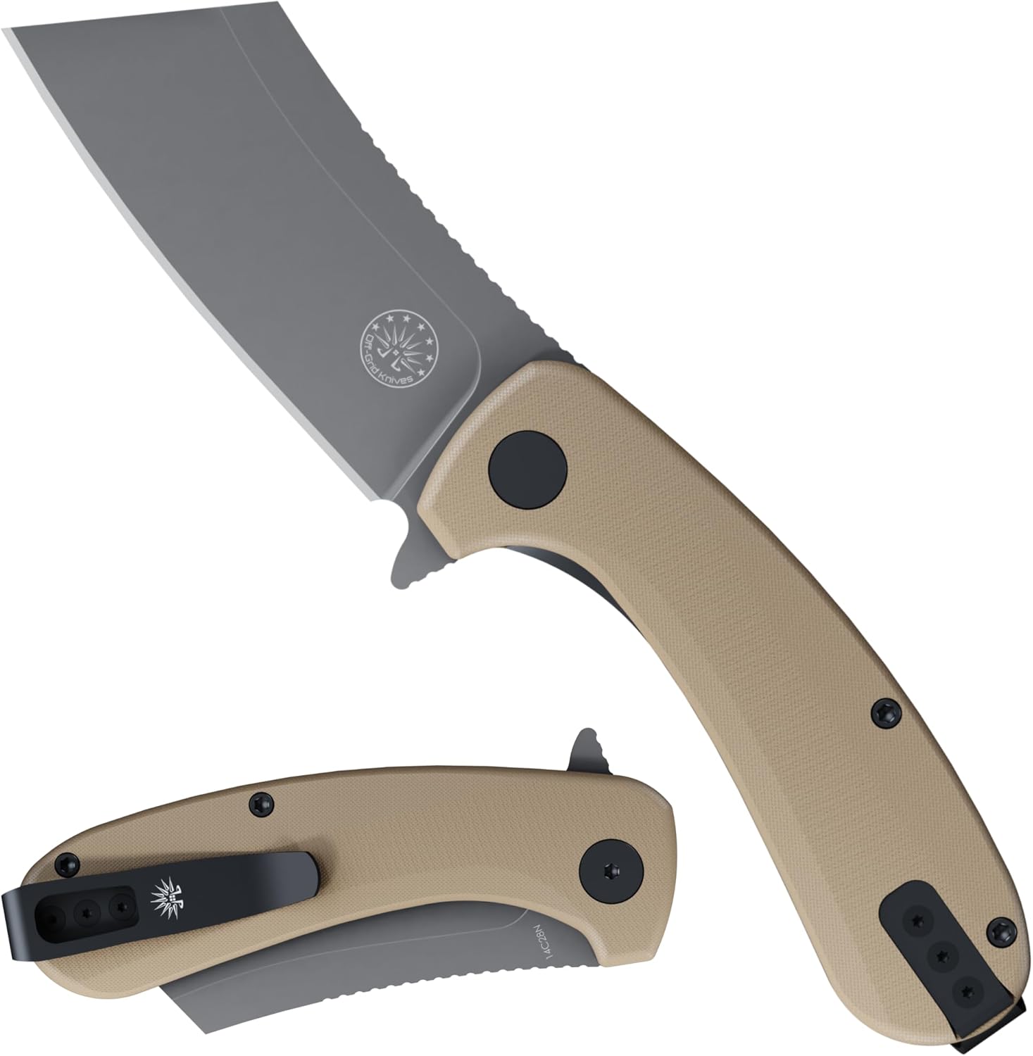 Off-Grid Knives - CLEAVER V3 Folding EDC Knife with Sandvik 14C28N Steel, G10 Scales, Ceramic Bearings, Deep Clip for Left and Right Hand Carry, Drop-Shut Action, Stout Everyday Carry (Coyote)