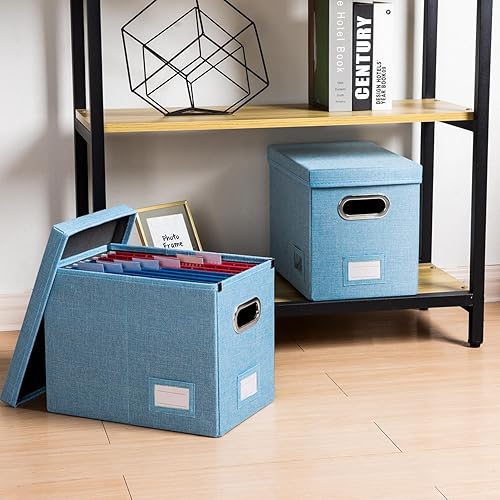 Miniatura 3 de PRANDOM Caja organizadora de archivos, juego de 2 carpetas plegables decorativas de lino para almacenamiento de archivos colgantes con tapas,