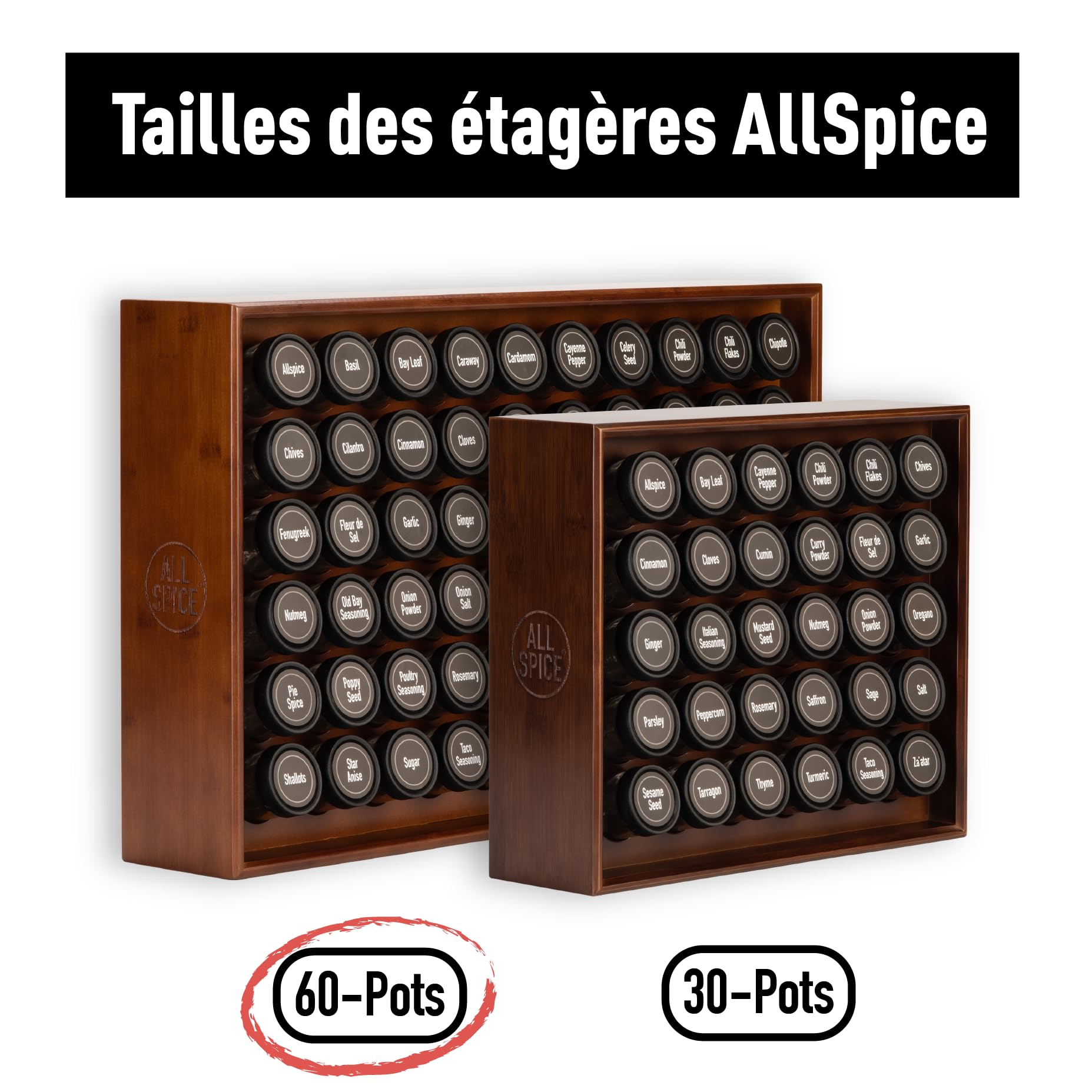 AllSpice étagère à épices en bois, comprend 60 pots en verre, étiquettes et accessoires, finition Noyer